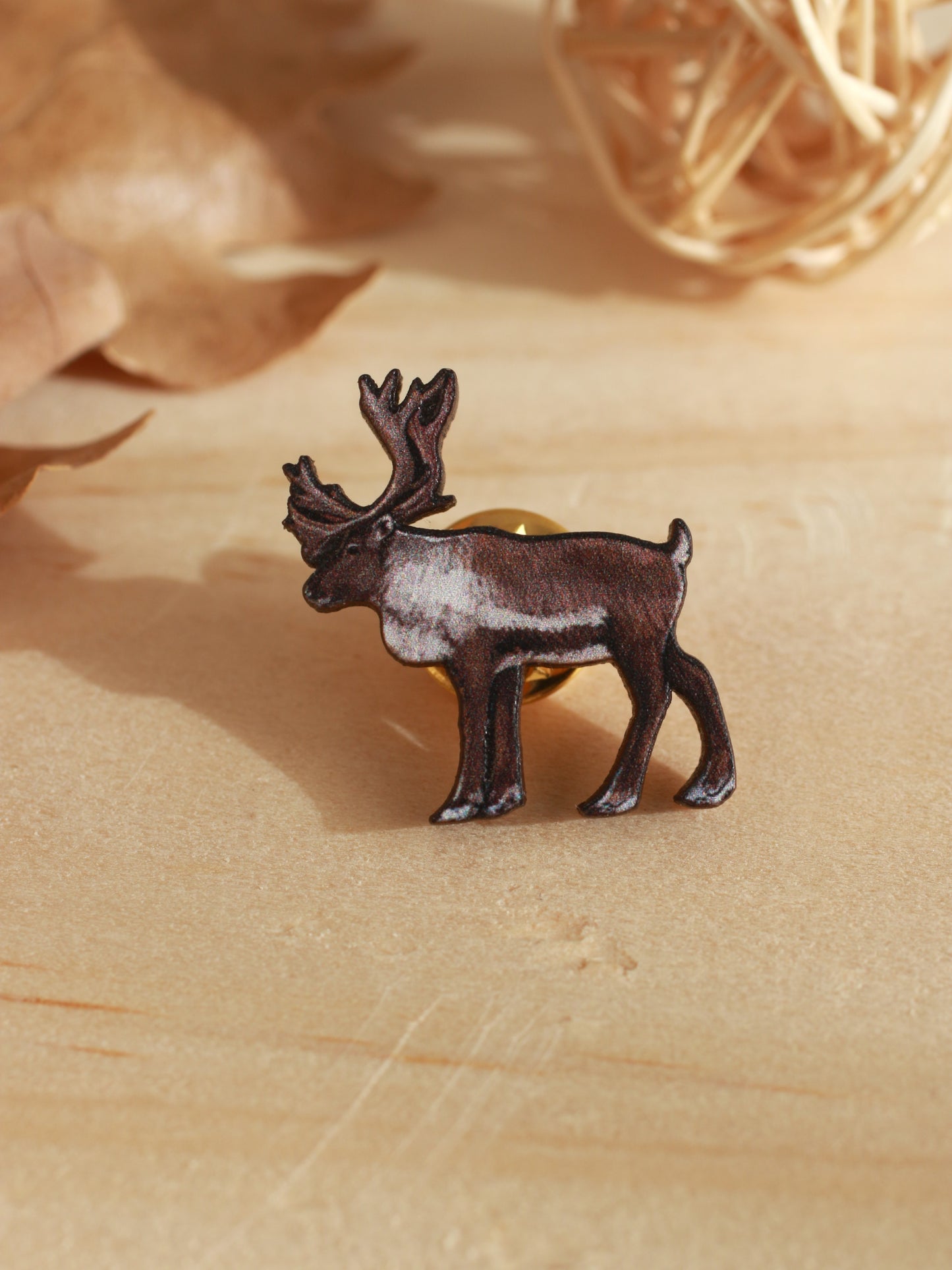 Reindeer pin - wooden reindeer brooch