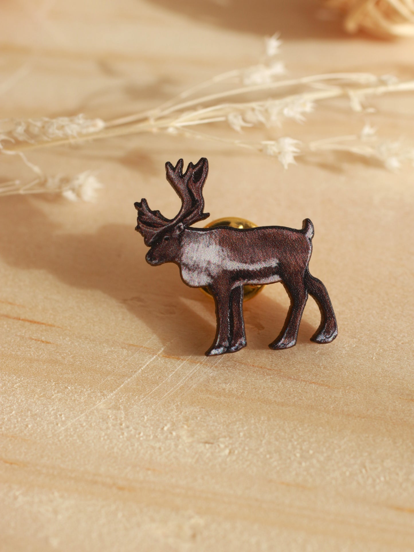 Reindeer pin - wooden reindeer brooch