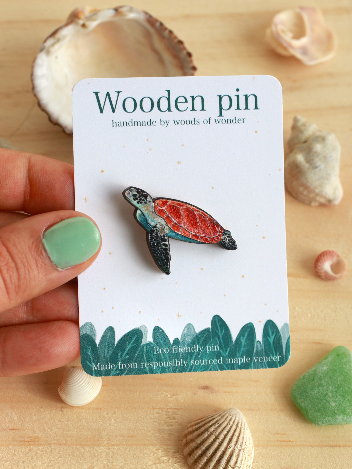 Sea turtle pin - wooden turtle brooch