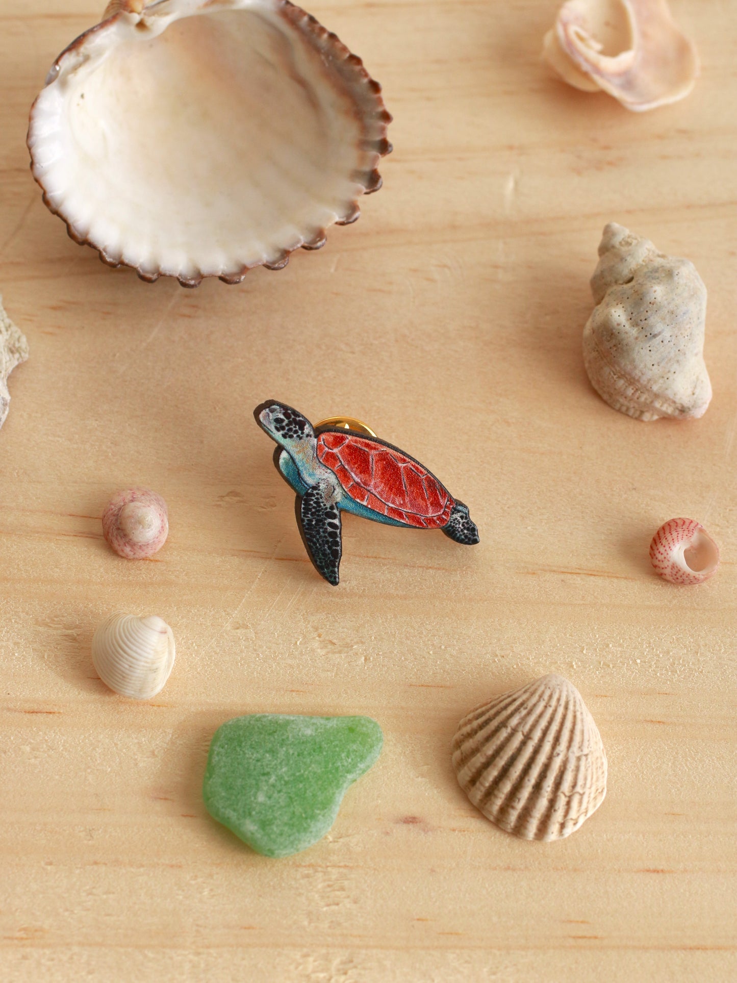 Sea turtle pin - wooden turtle brooch