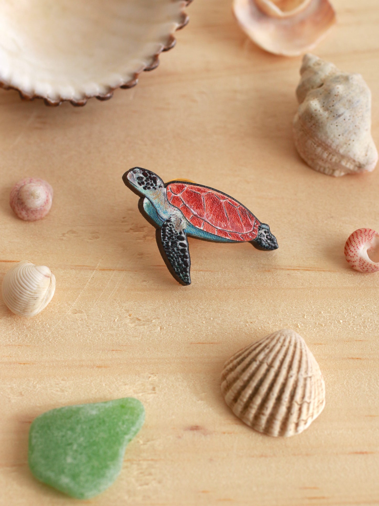 Sea turtle pin - wooden turtle brooch