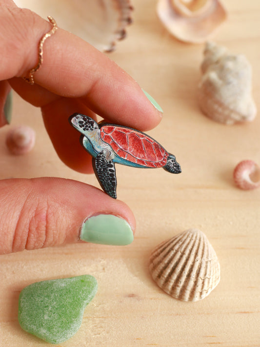 Sea turtle pin - wooden turtle brooch