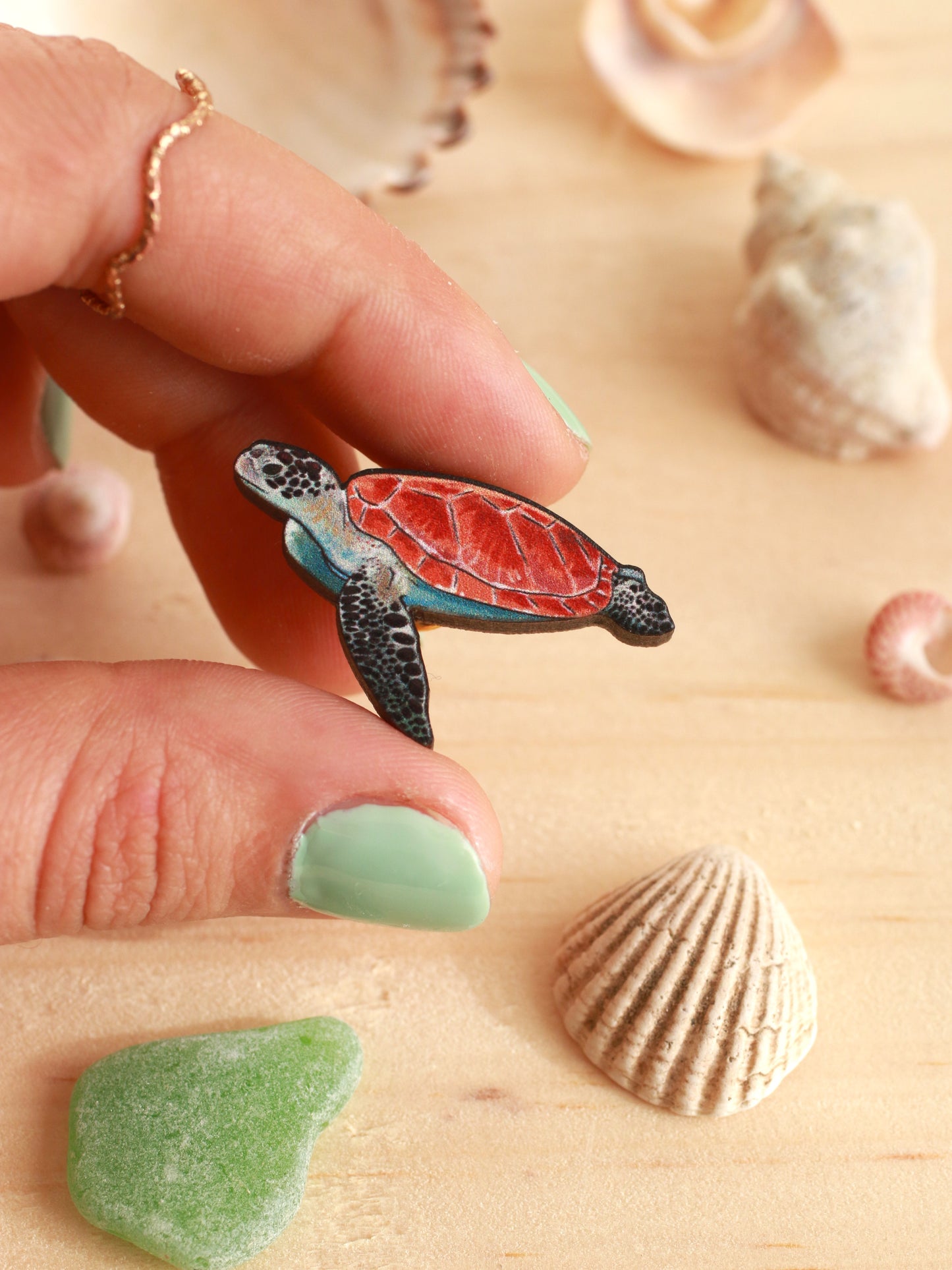 Sea turtle pin - wooden turtle brooch