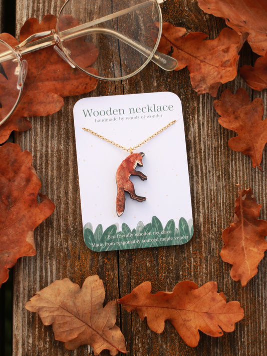 Jumping fox wooden necklace