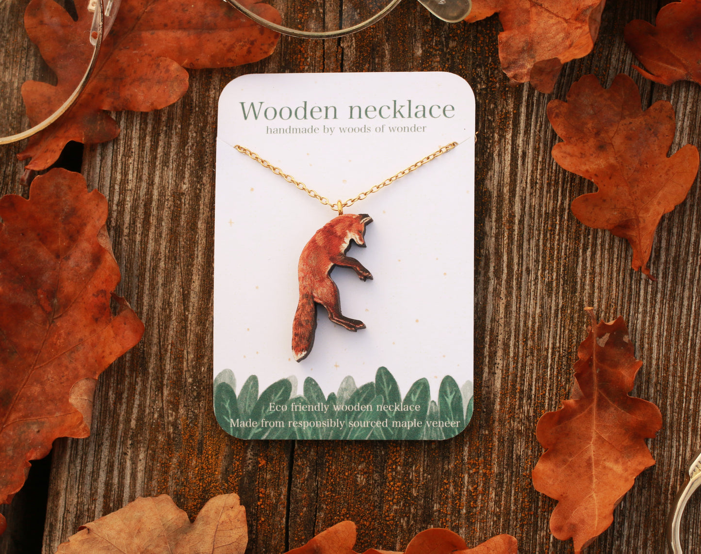 Jumping fox wooden necklace