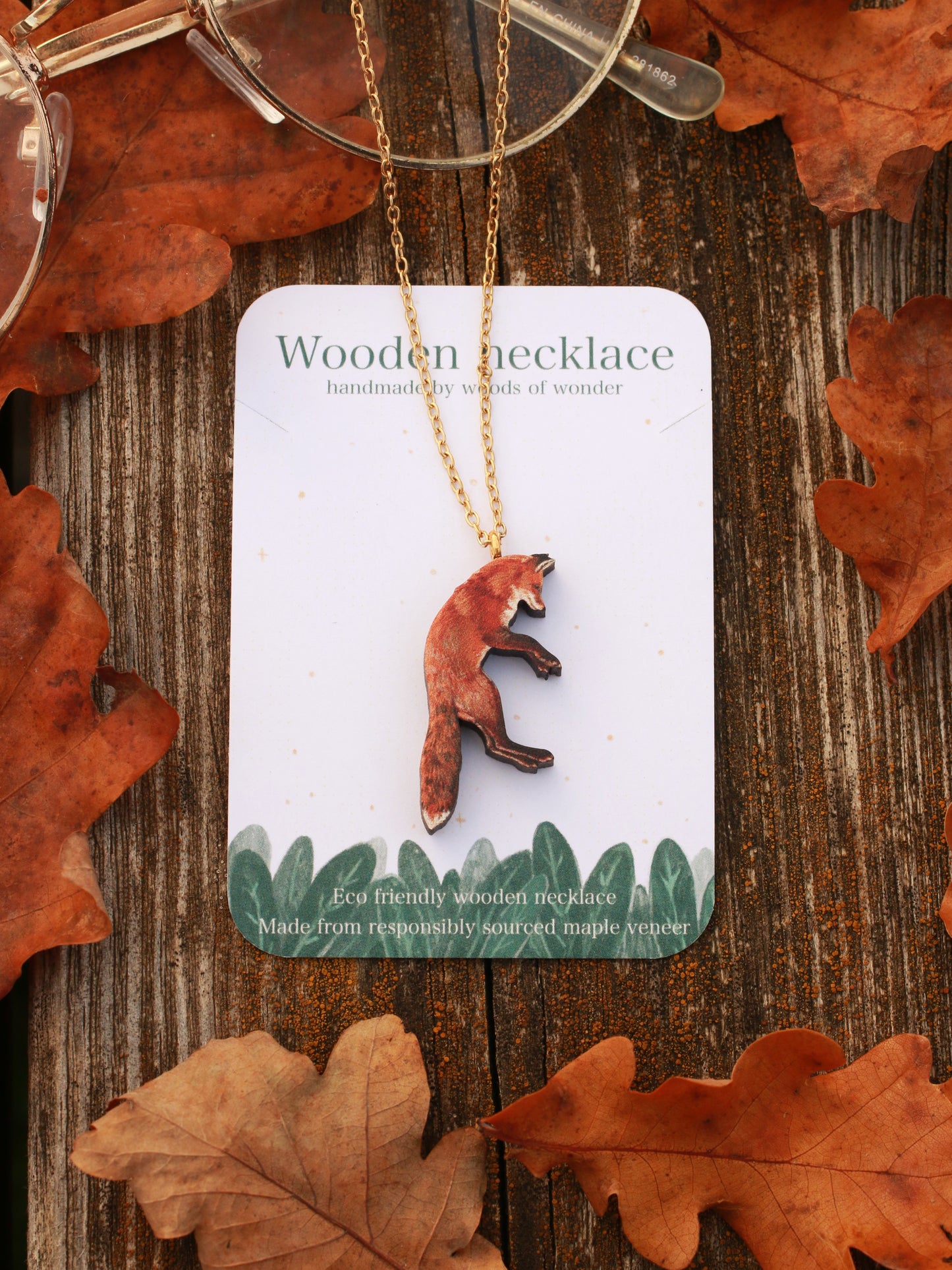 Jumping fox wooden necklace