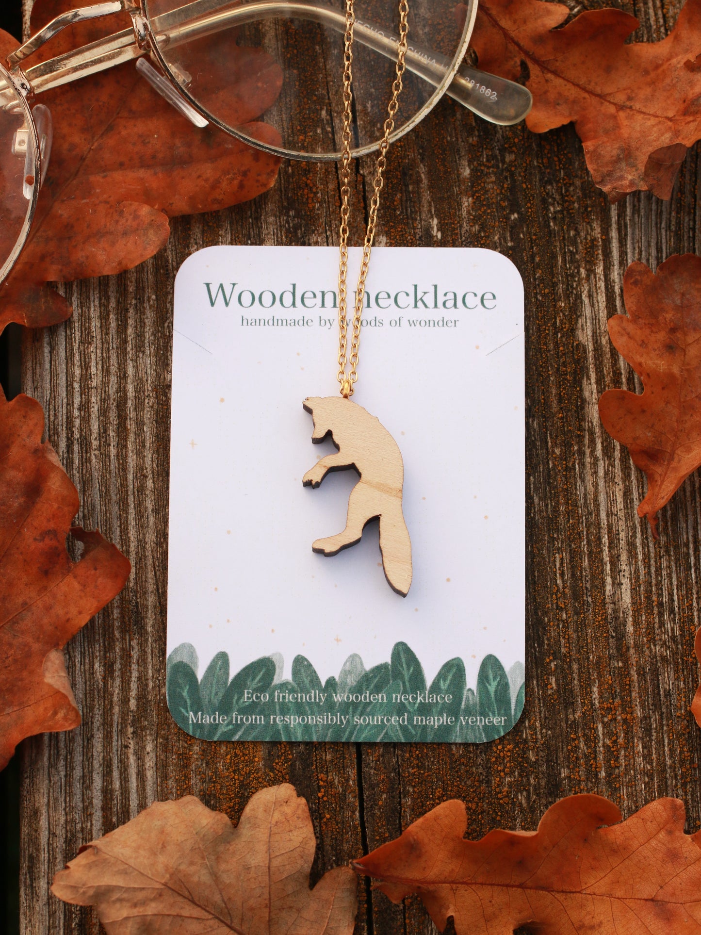 Jumping fox wooden necklace