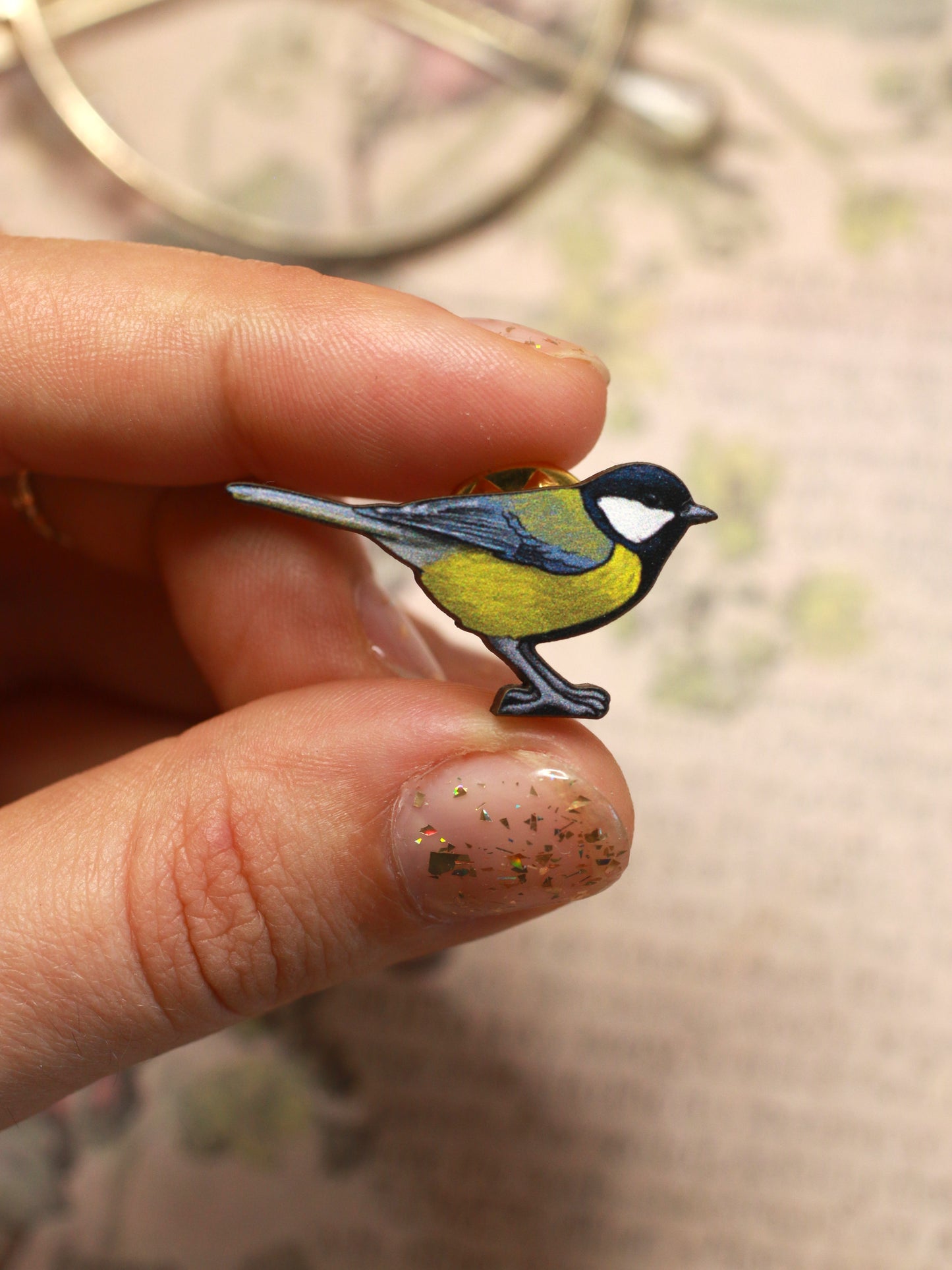 Great tit pin - wooden bird brooch