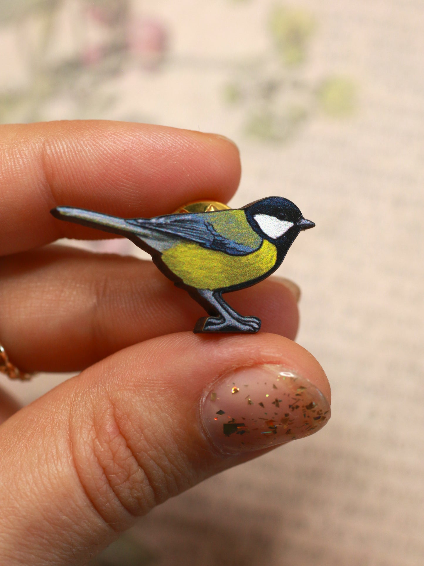 Great tit pin - wooden bird brooch