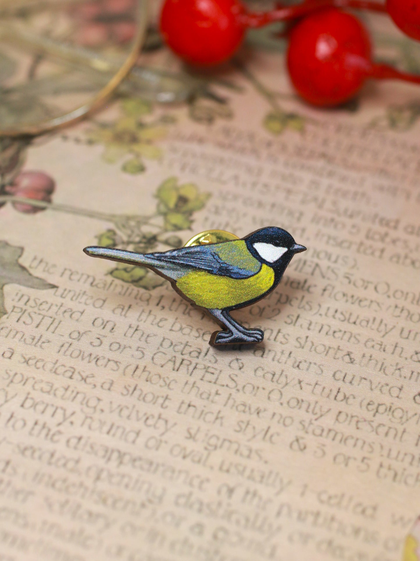 Great tit pin - wooden bird brooch