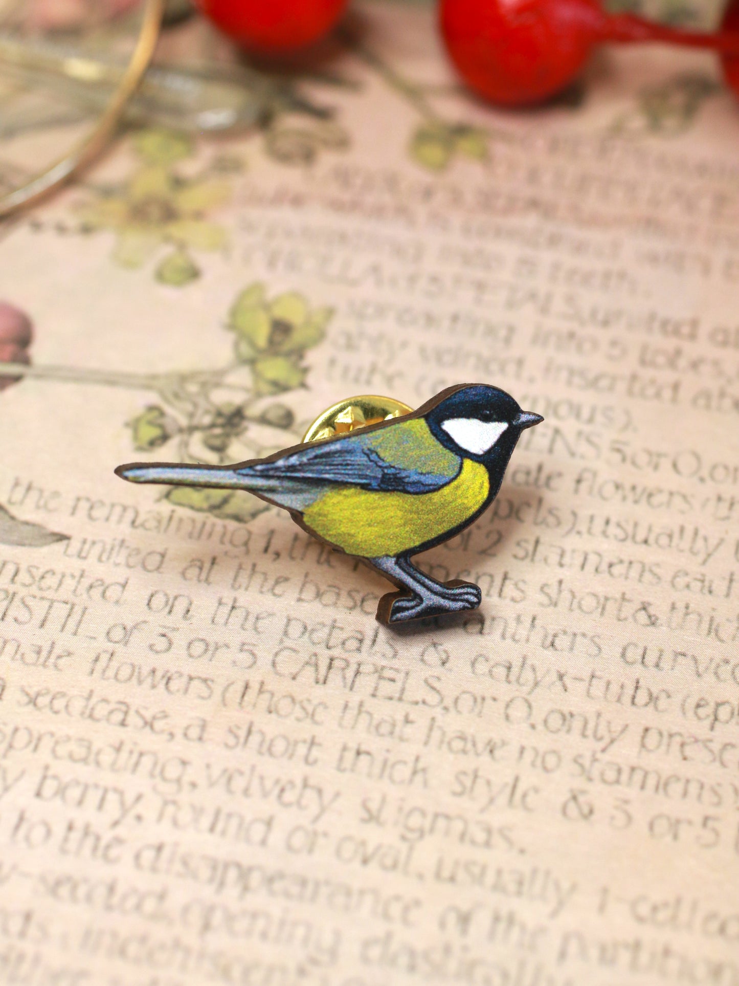 Great tit pin - wooden bird brooch