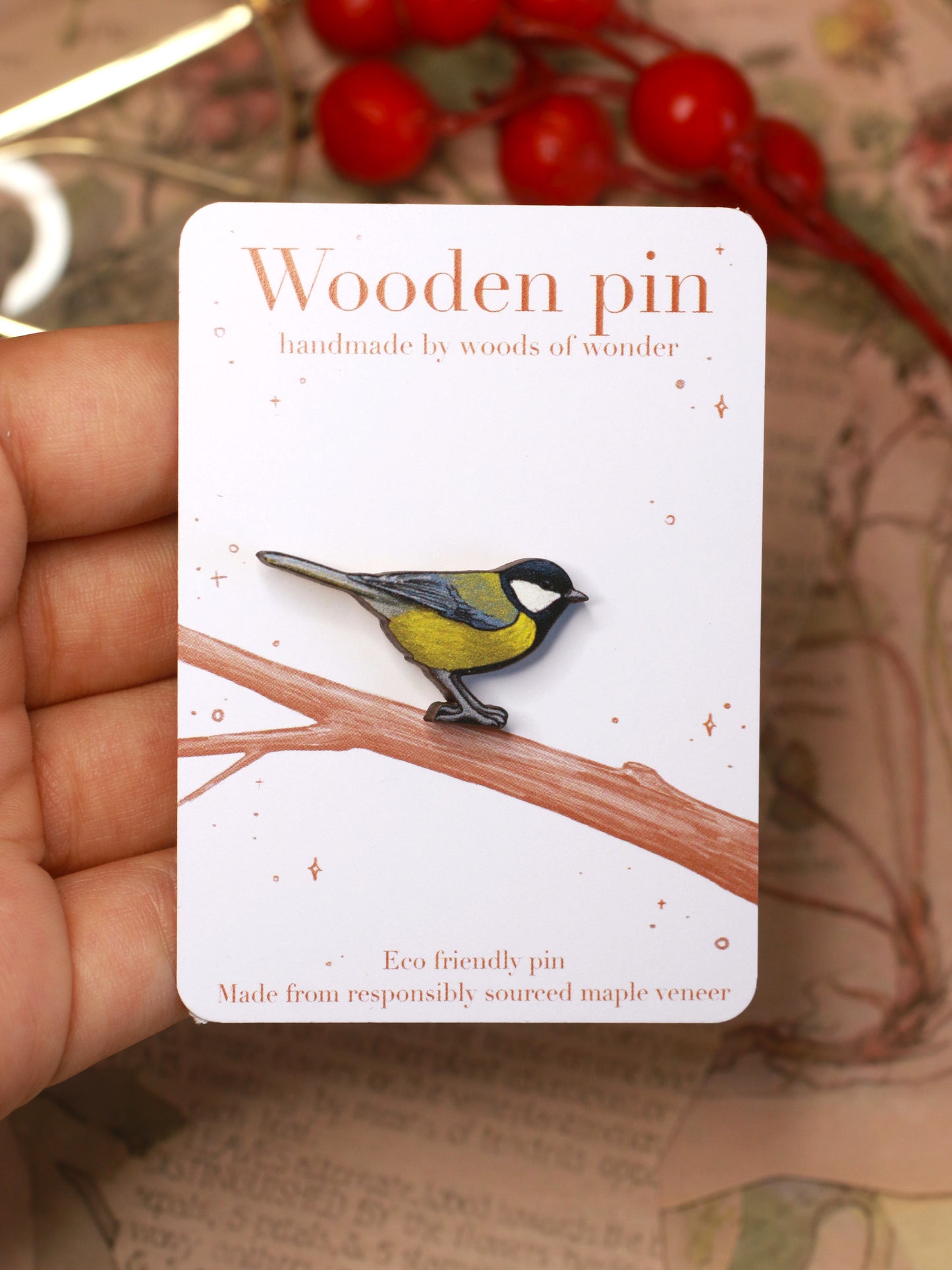 Great tit pin - wooden bird brooch