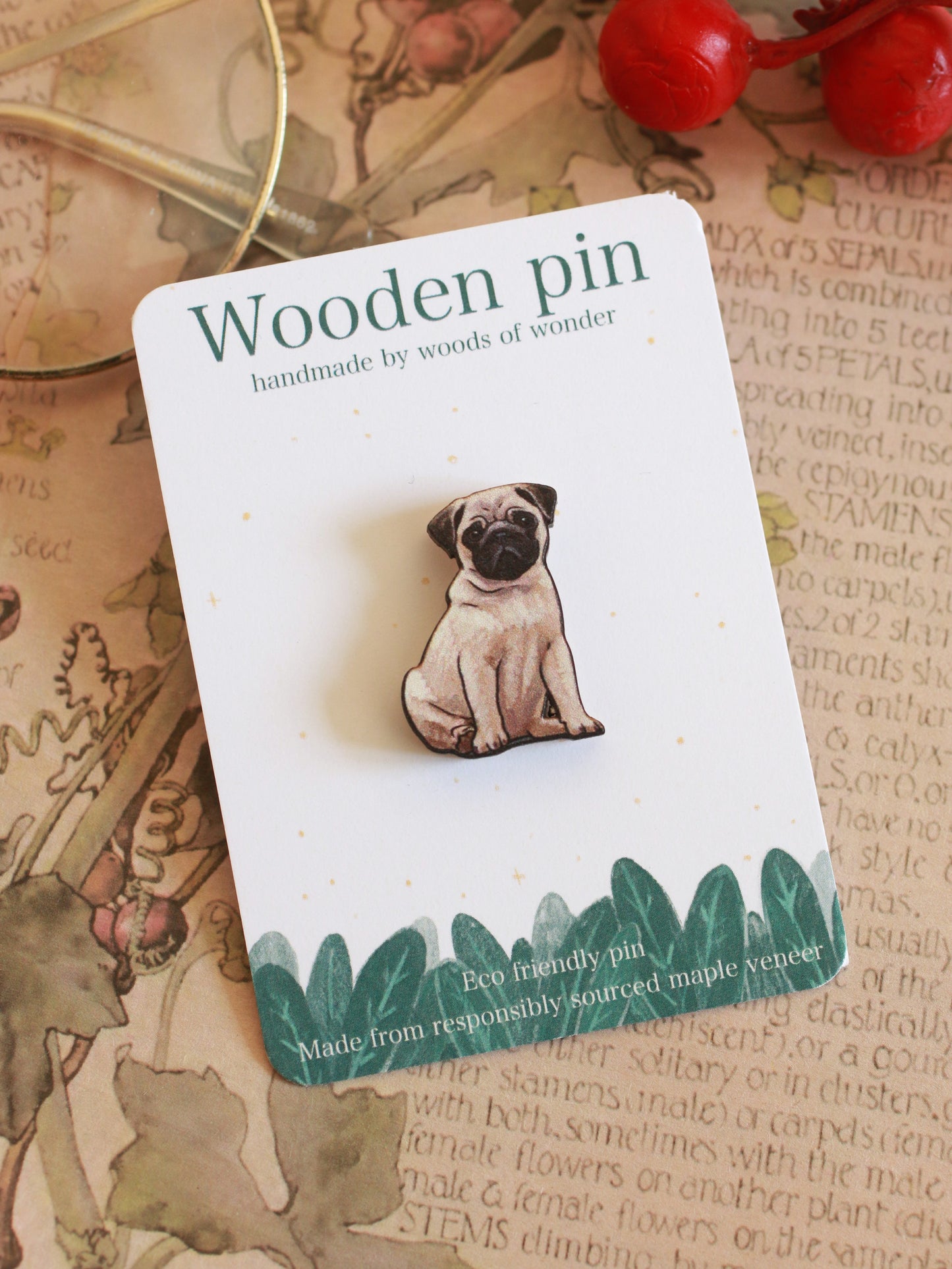 Pug pin - wooden dog brooch