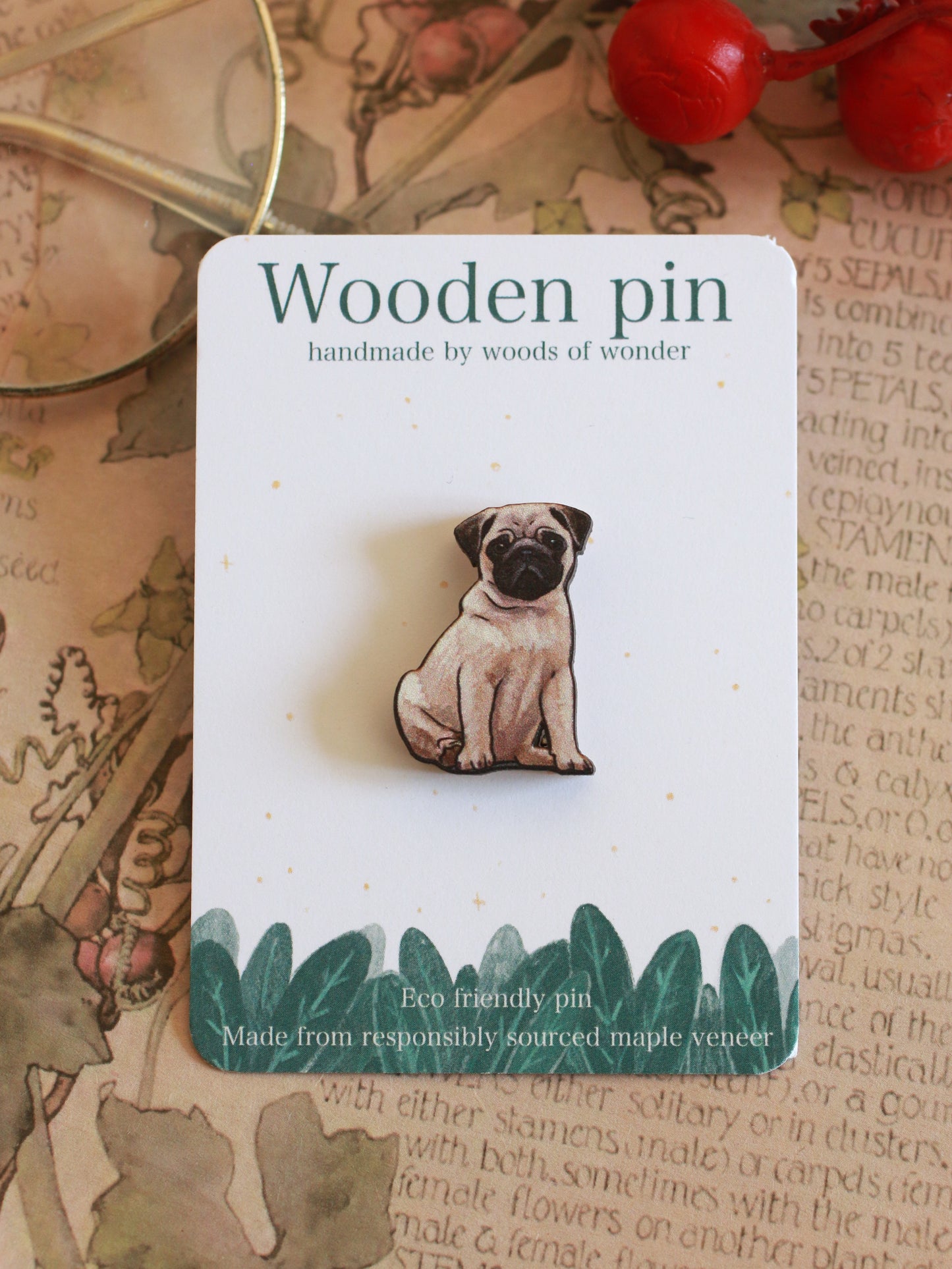 Pug pin - wooden dog brooch