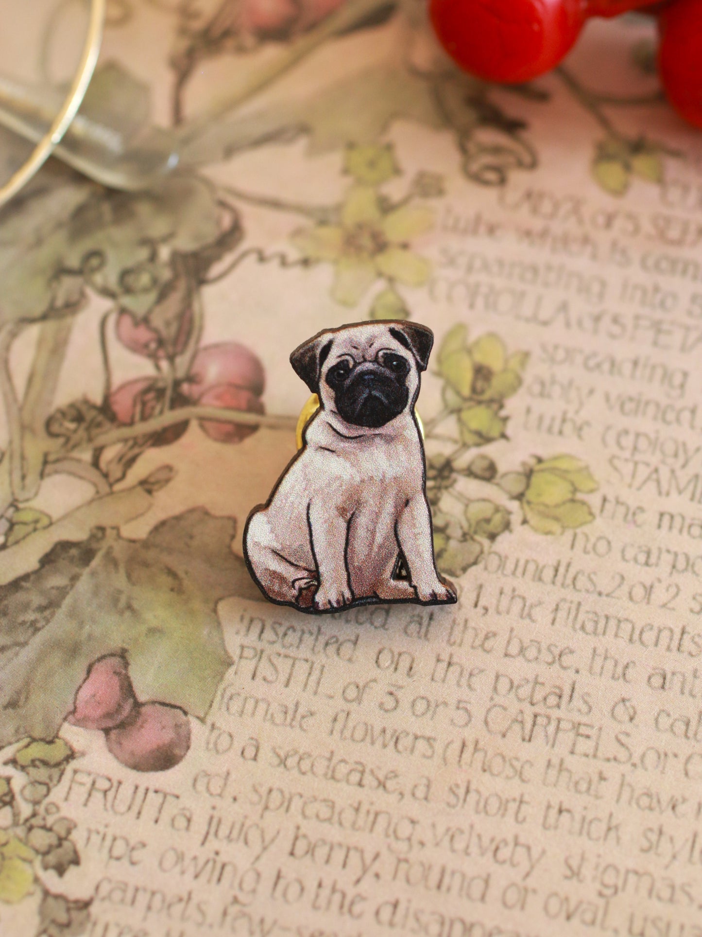 Pug pin - wooden dog brooch