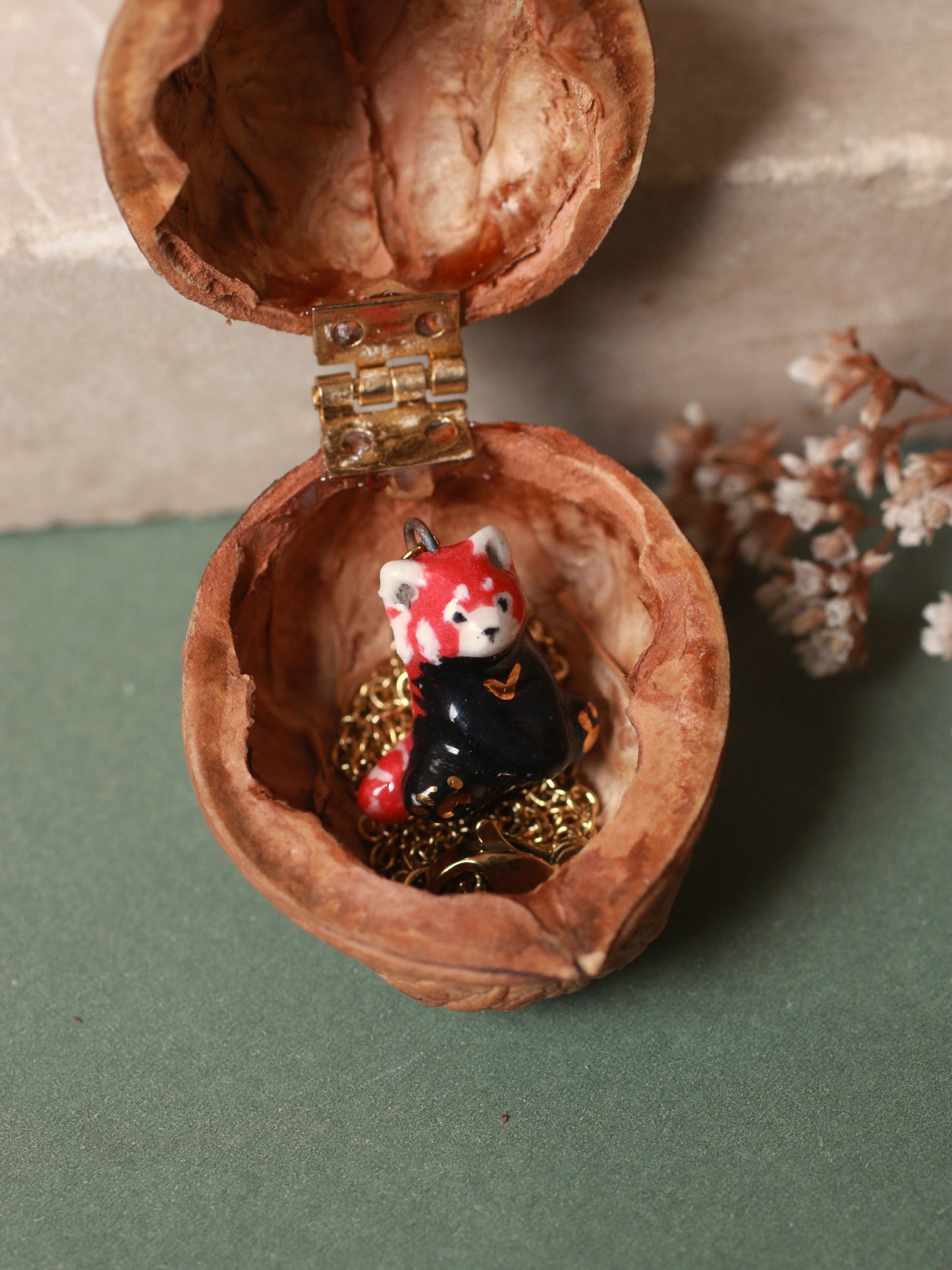 Red Panda necklace in a walnut box
