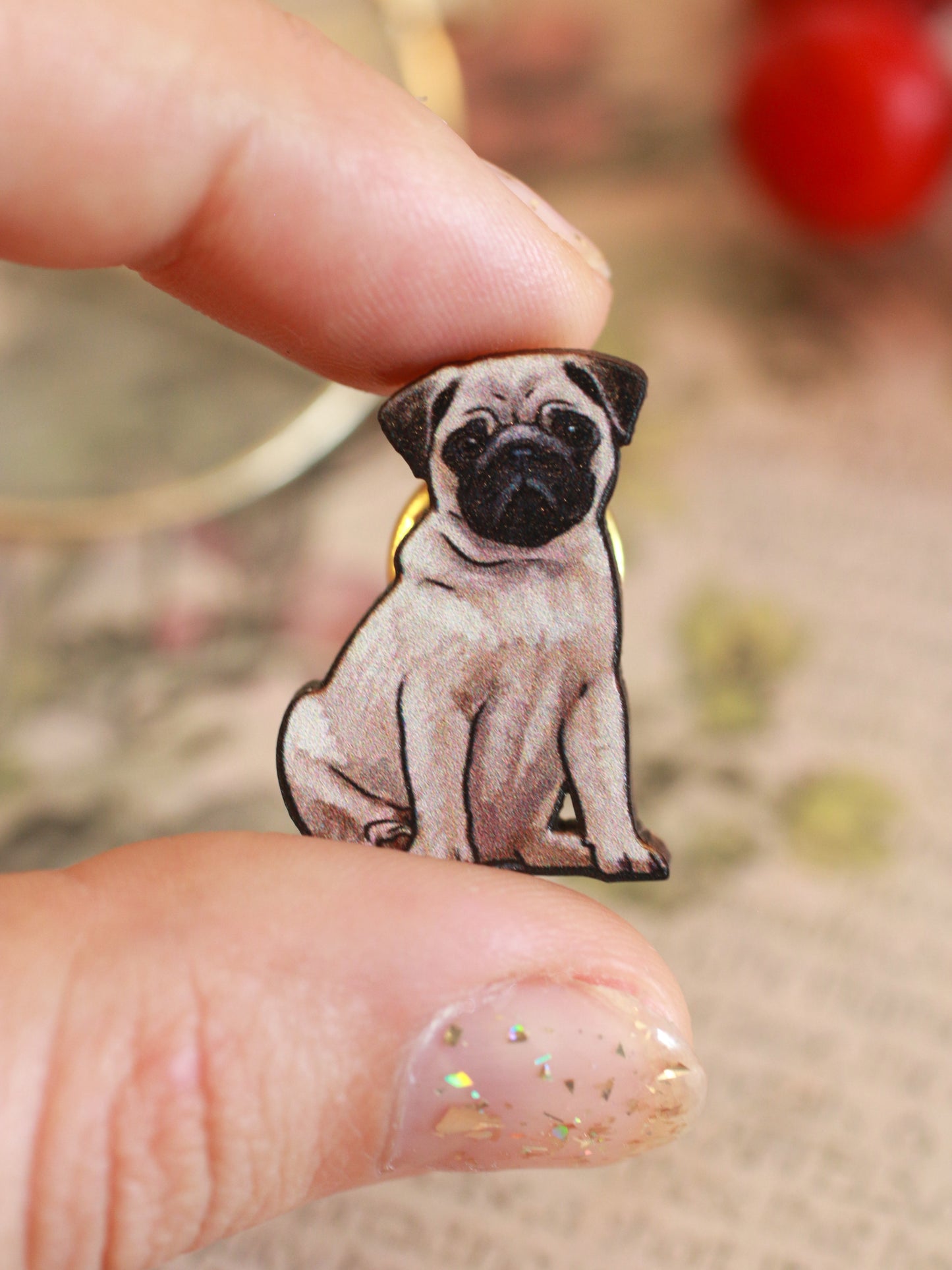 Pug pin - wooden dog brooch