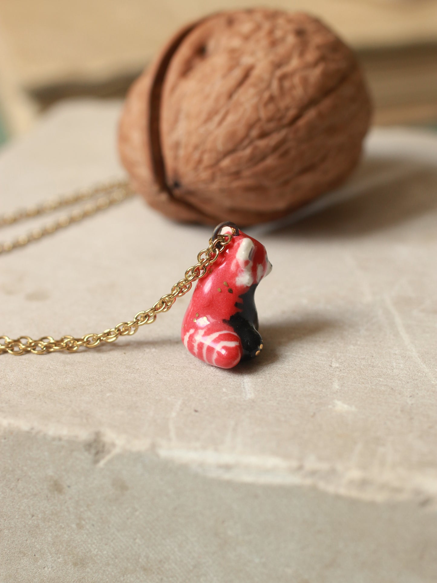Red Panda necklace in a walnut box