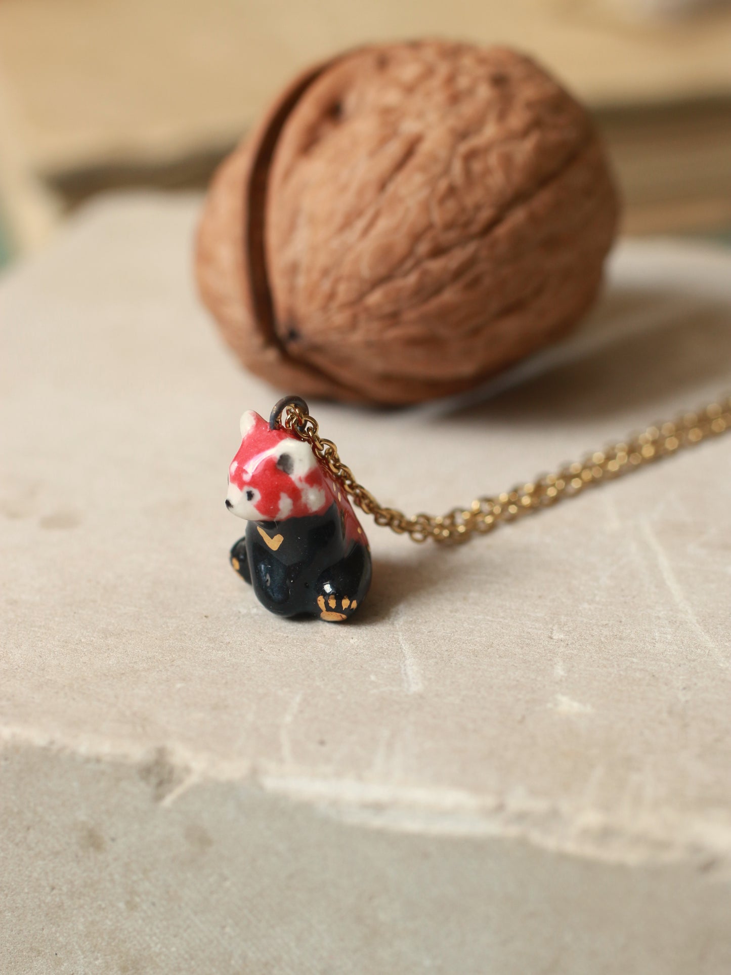 Red Panda necklace in a walnut box