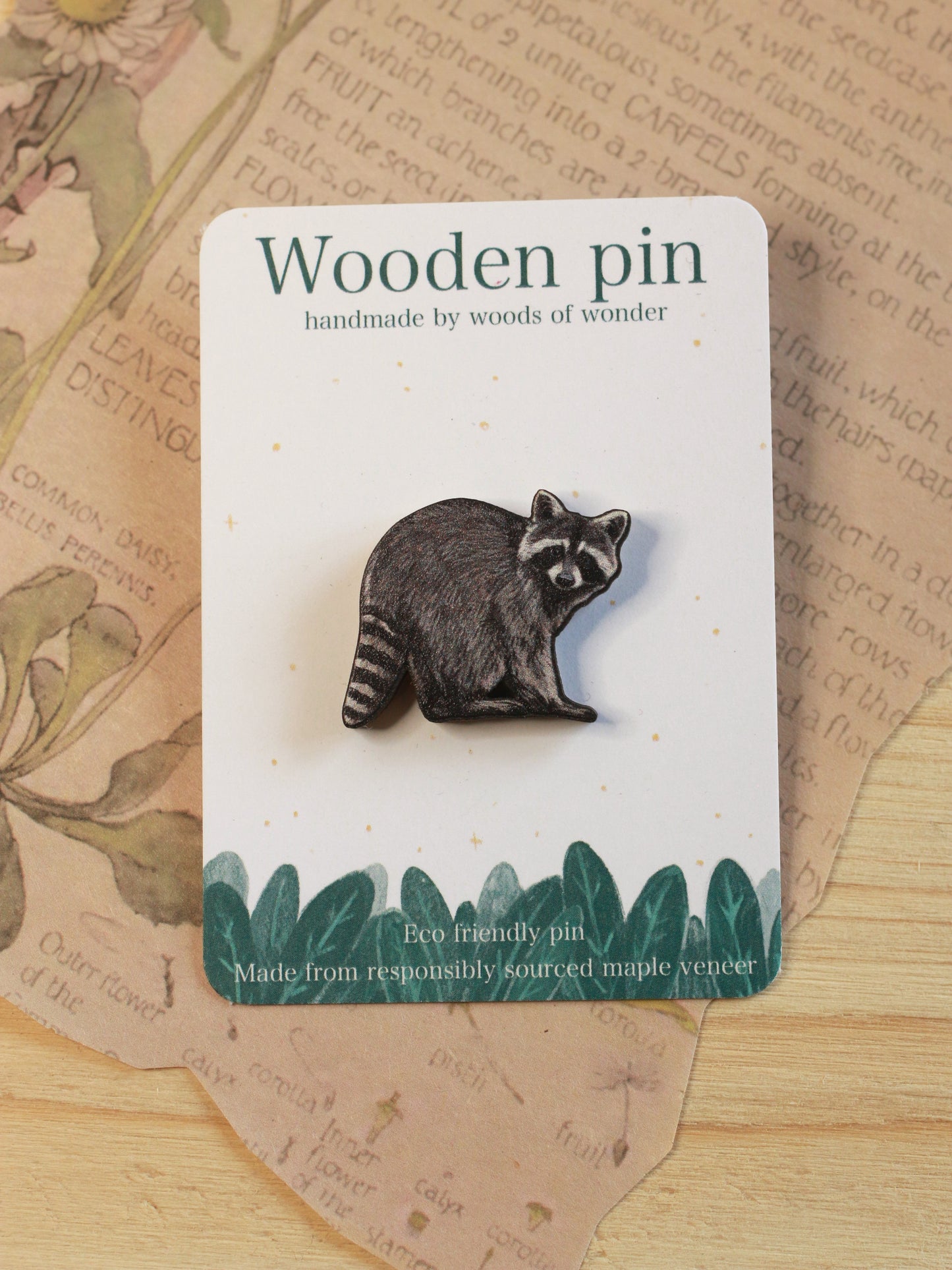 Raccoon pin - Wooden raccoon brooch