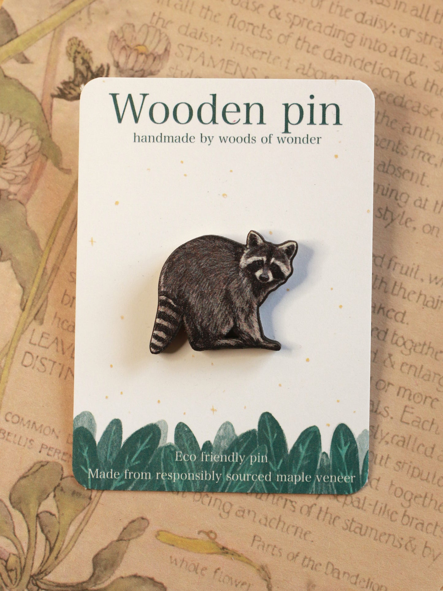 Raccoon pin - Wooden raccoon brooch