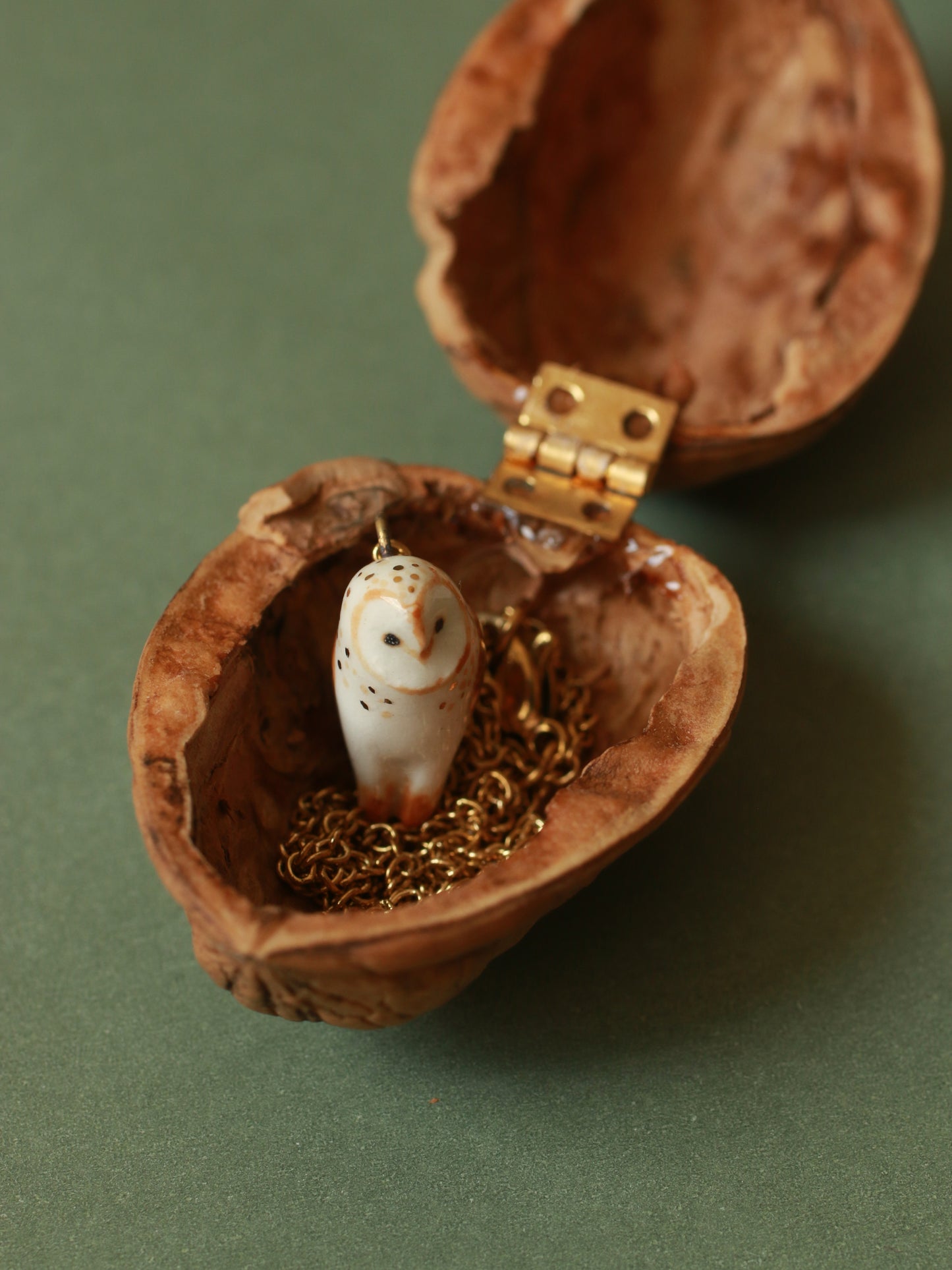 Barn owl necklace in a nutshell box