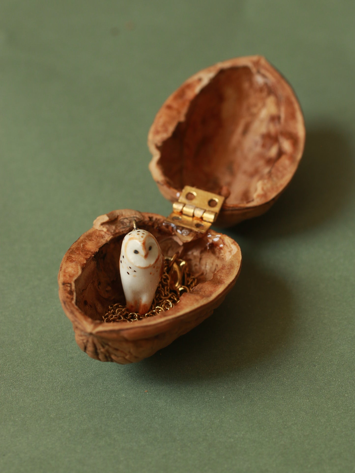 Barn owl necklace in a nutshell box