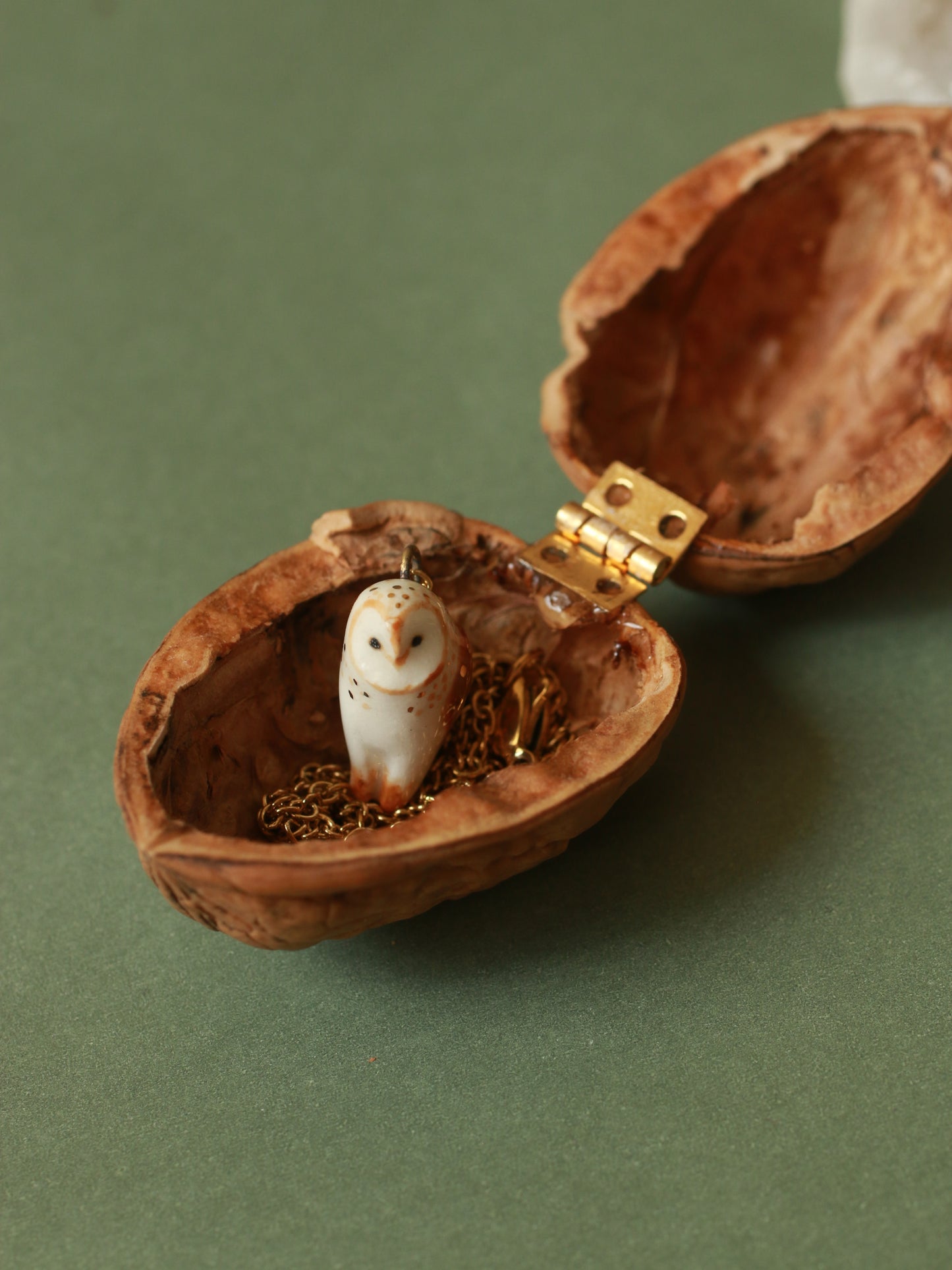 Barn owl necklace in a nutshell box