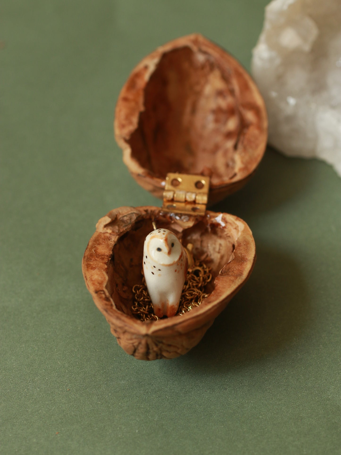Barn owl necklace in a nutshell box