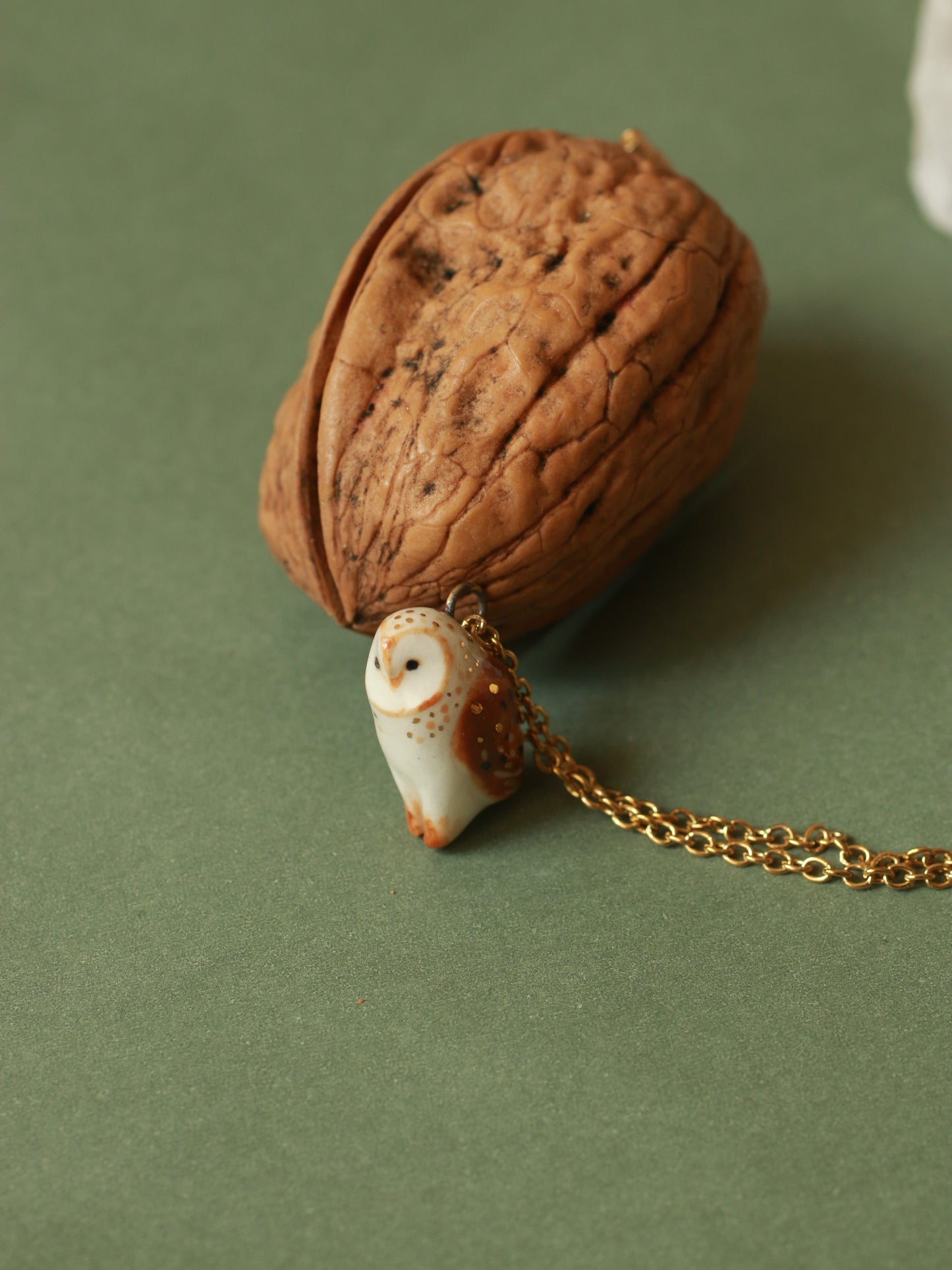 Barn owl necklace in a nutshell box