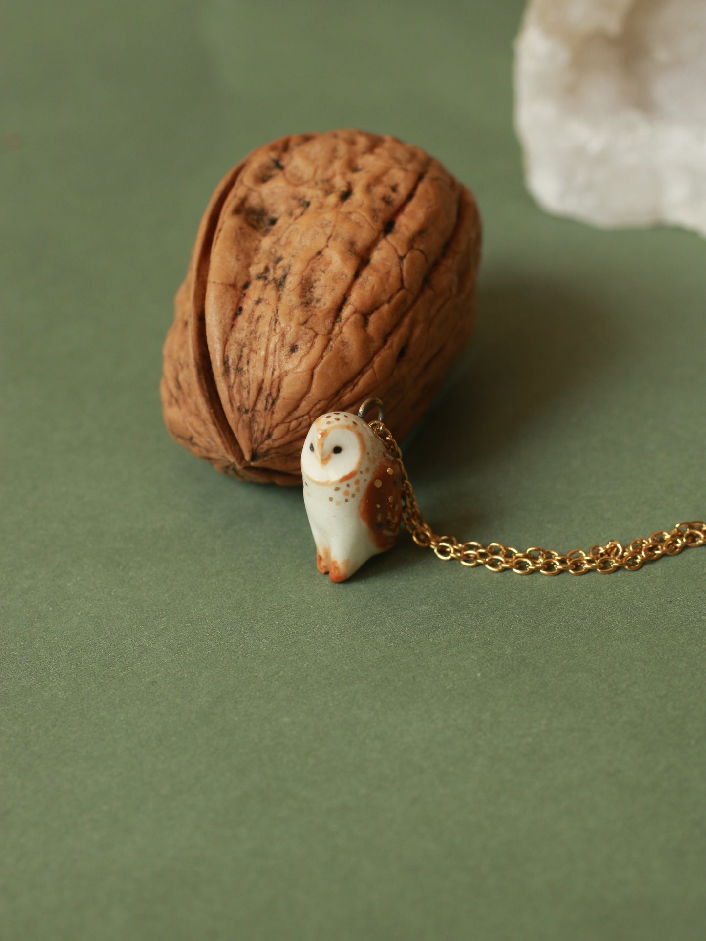 Barn owl necklace in a nutshell box