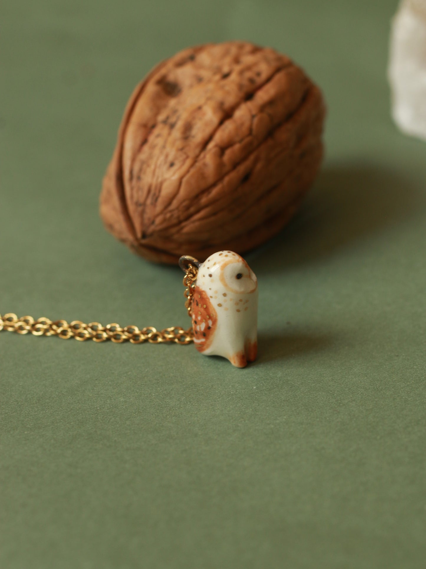 Barn owl necklace in a nutshell box