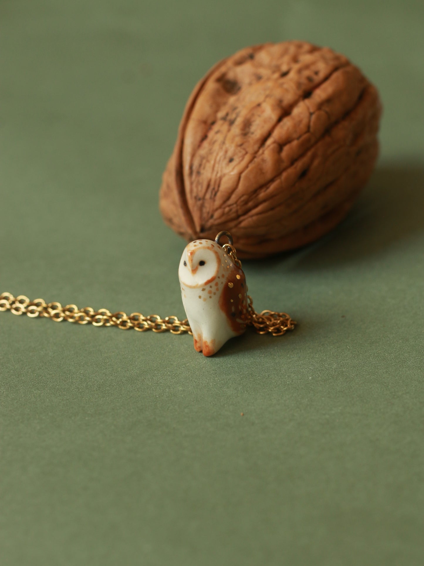 Barn owl necklace in a nutshell box