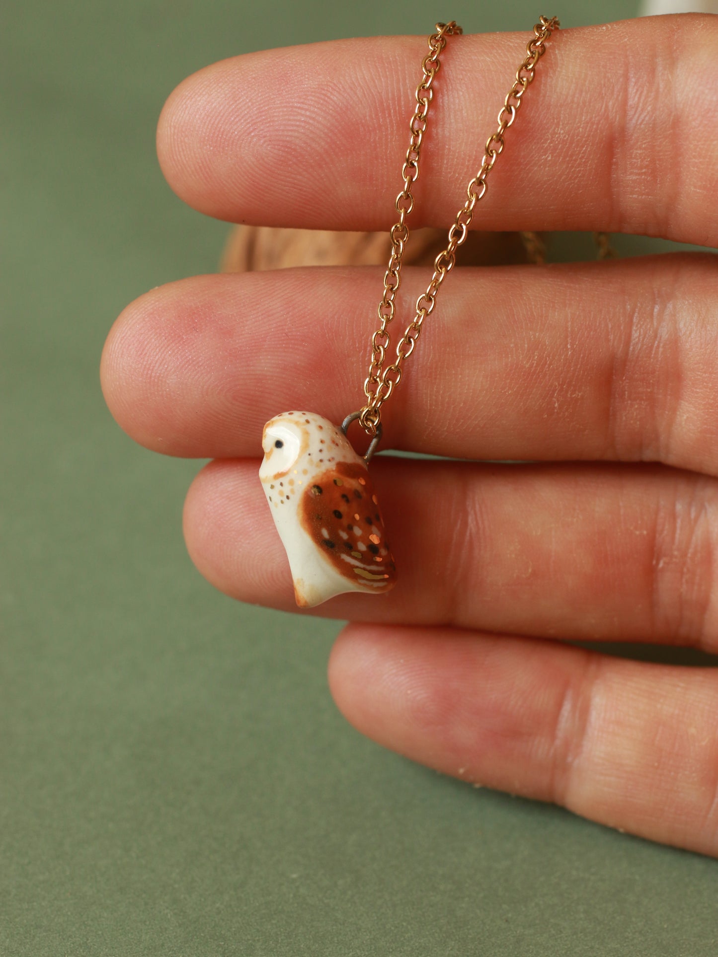 Barn owl necklace in a nutshell box