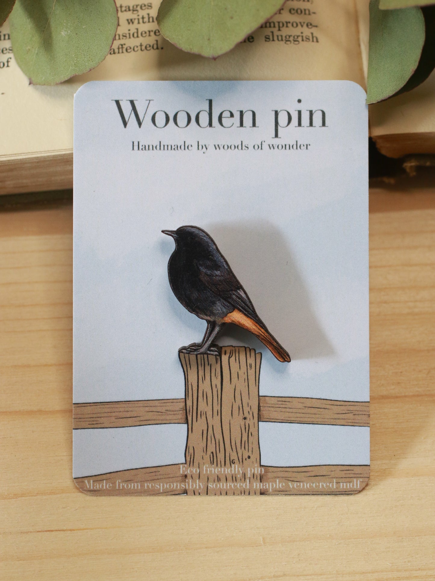 Black redstart pin - wooden bird brooch