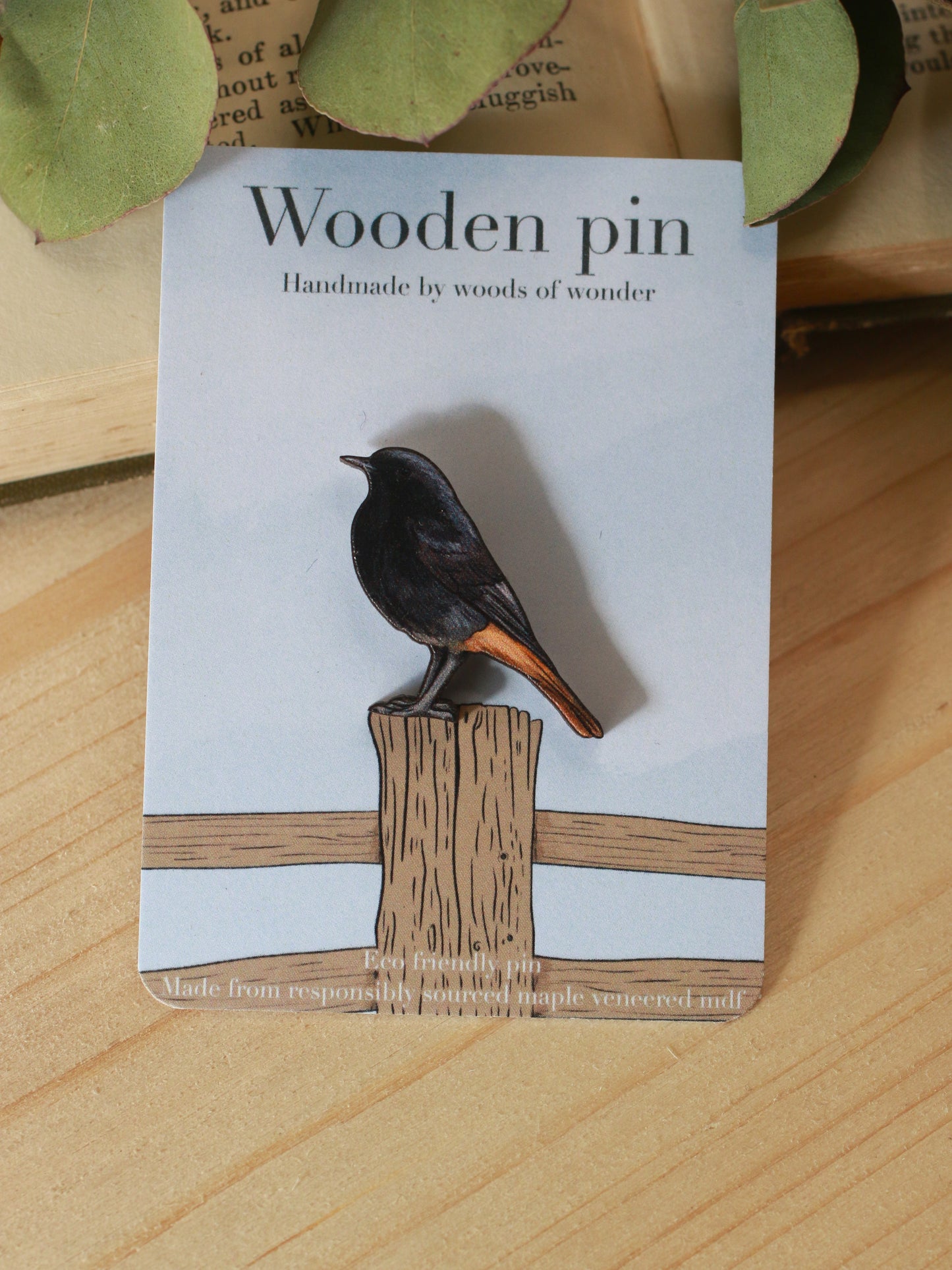 Black redstart pin - wooden bird brooch