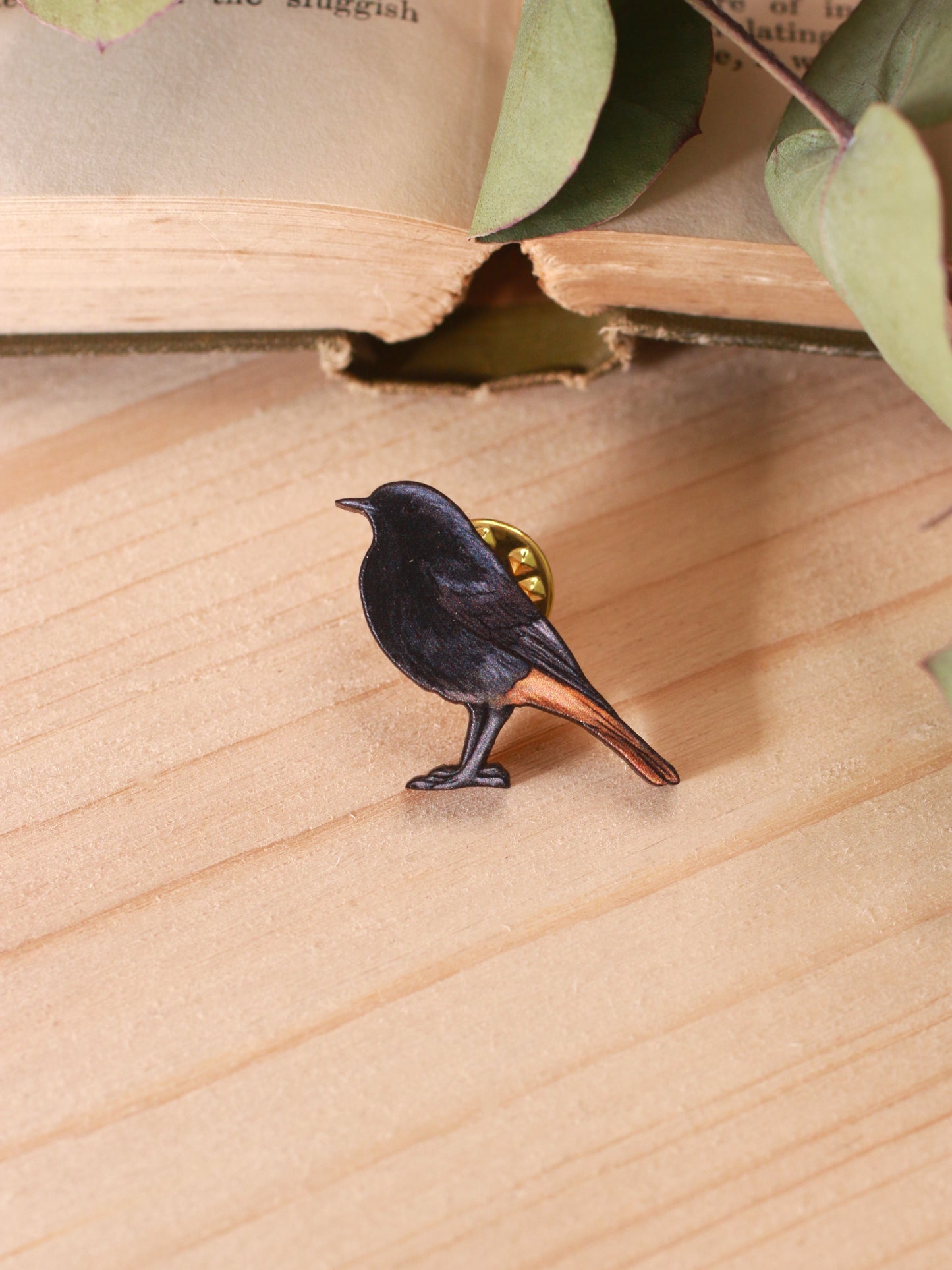 Black redstart pin - wooden bird brooch