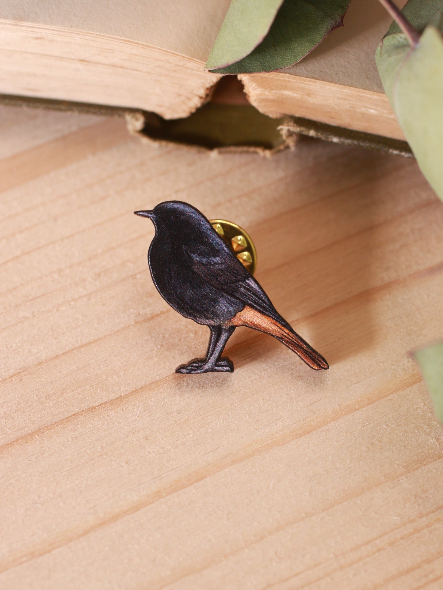 Black redstart pin - wooden bird brooch