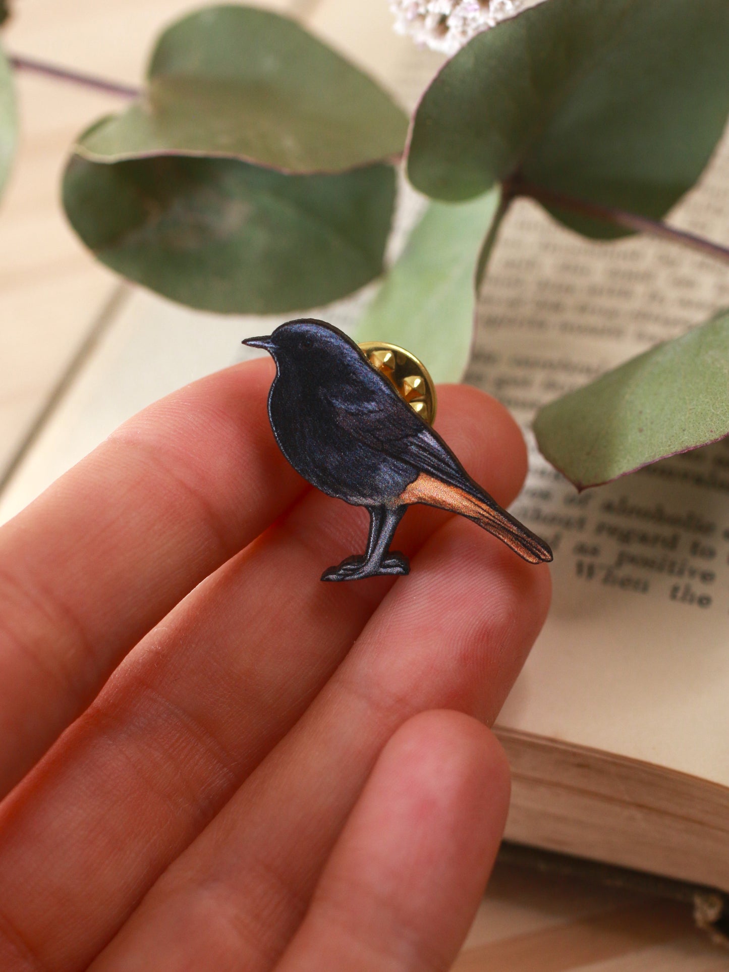 Black redstart pin - wooden bird brooch