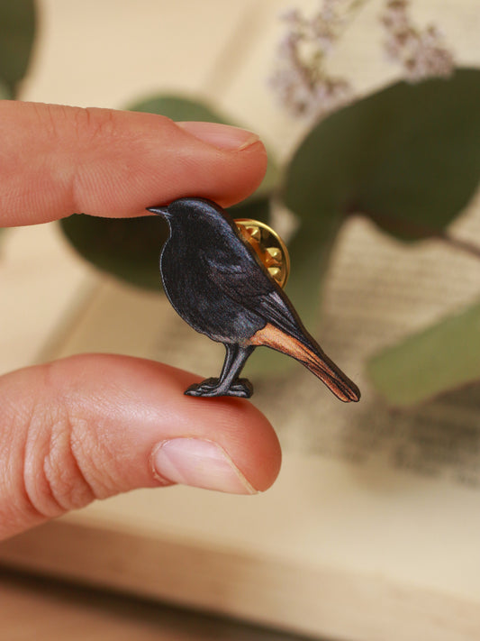Black redstart pin - wooden bird brooch