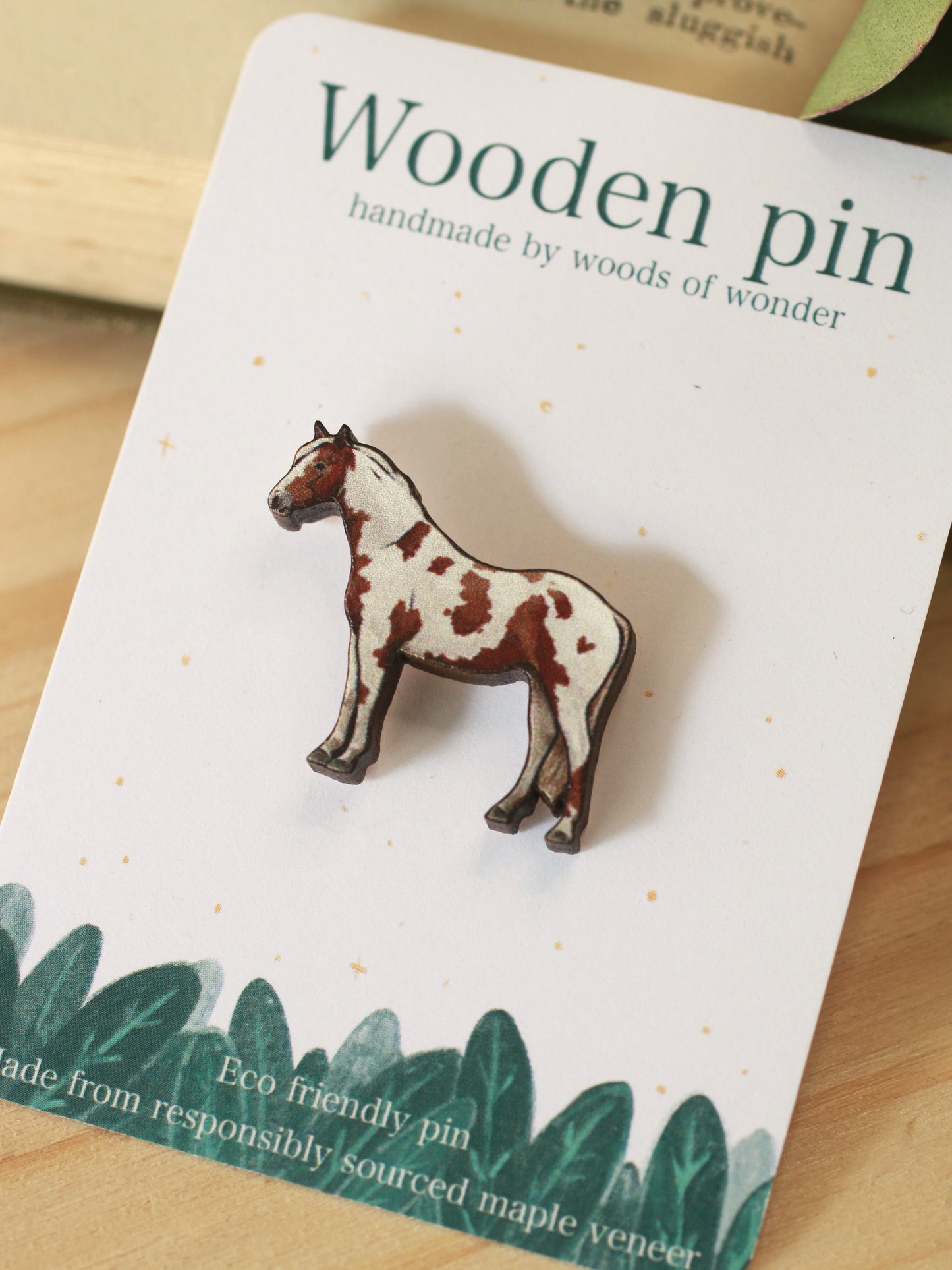 Pinto horse pin - Wooden horse brooch