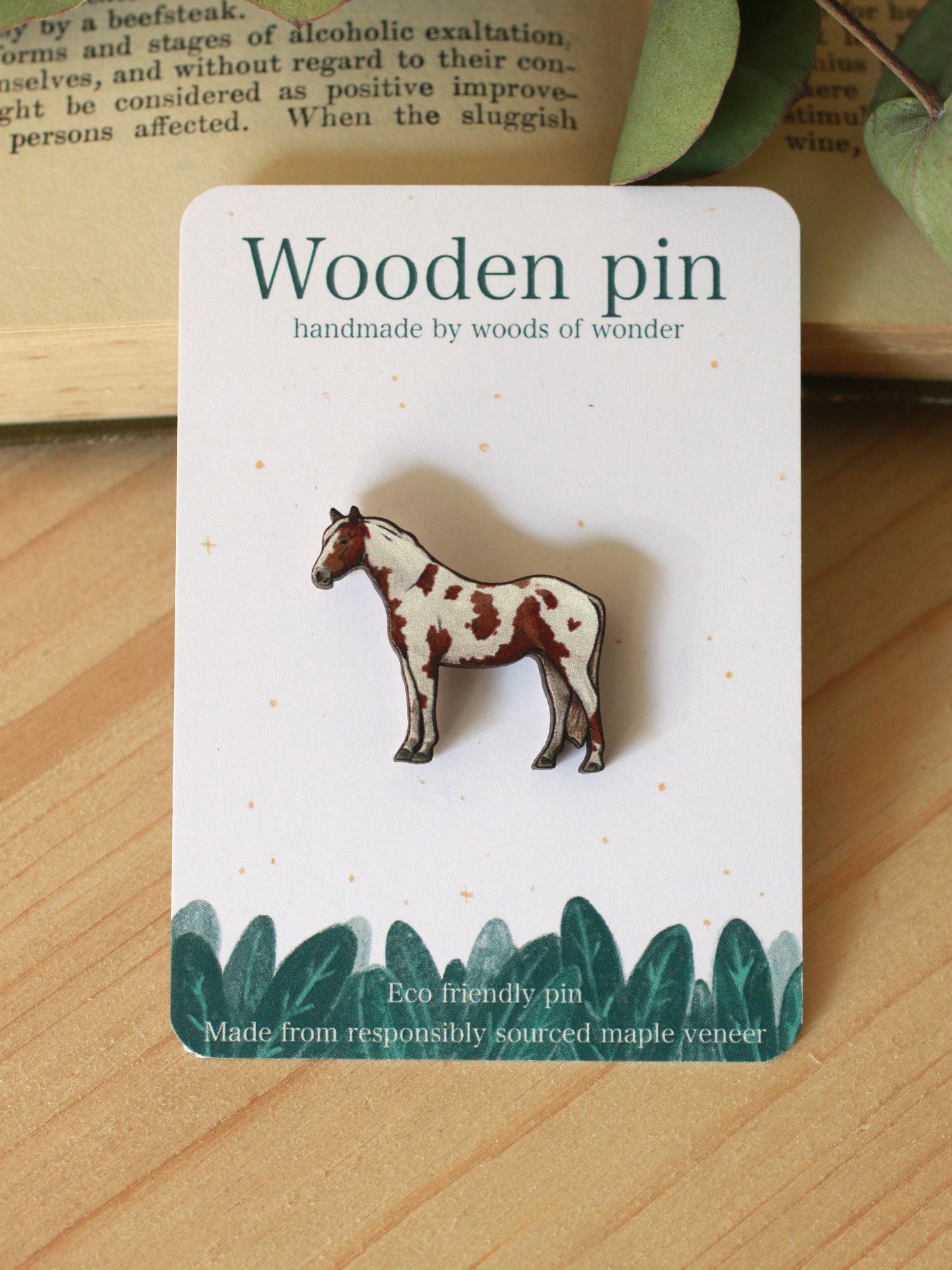 Pinto horse pin - Wooden horse brooch