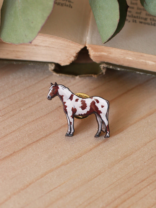 Pinto horse pin - Wooden horse brooch