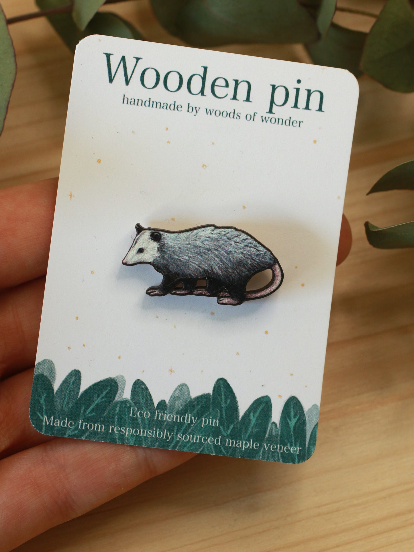 Opossum pin - Wooden opossum brooch