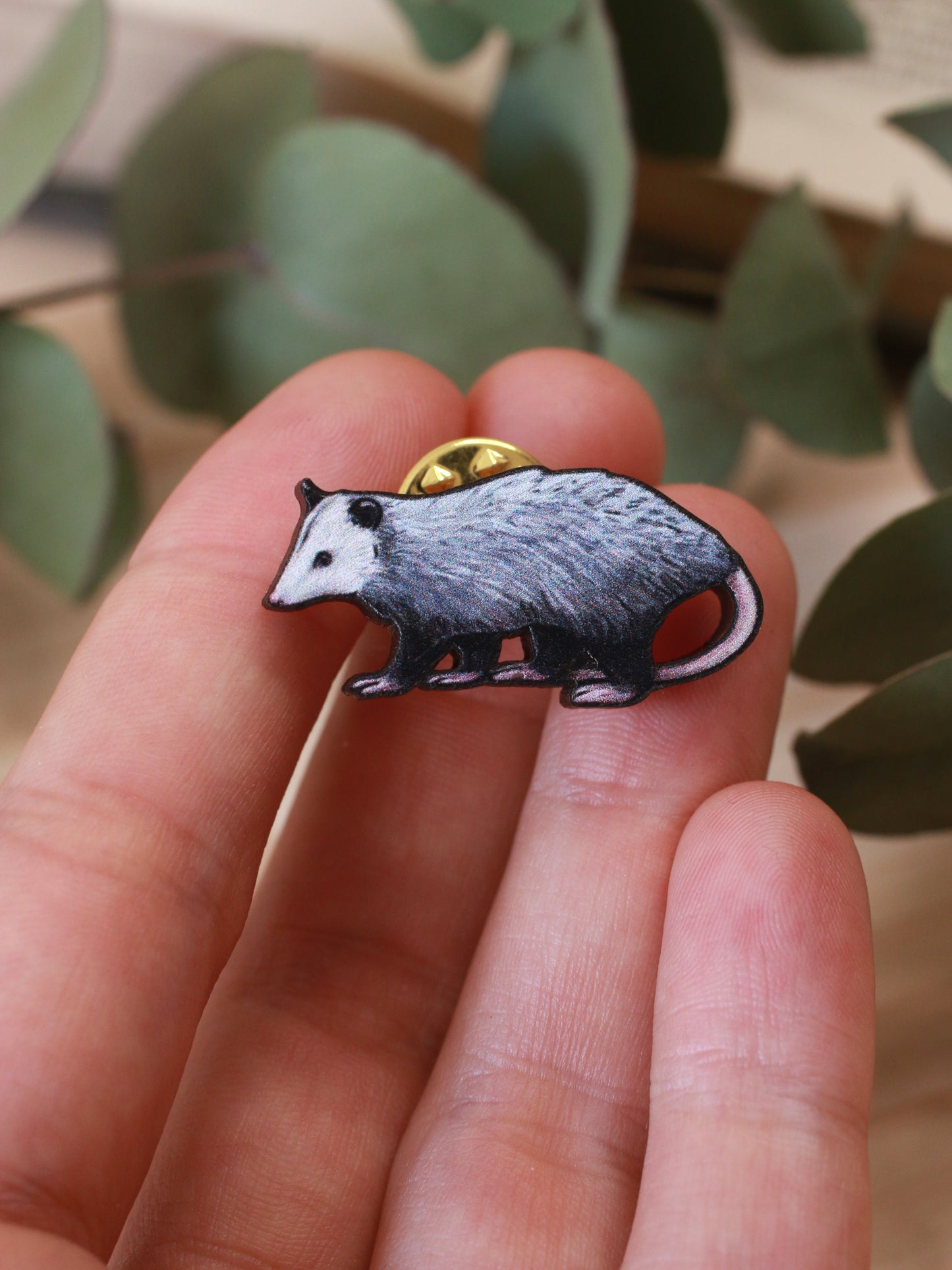 Opossum pin - Wooden opossum brooch