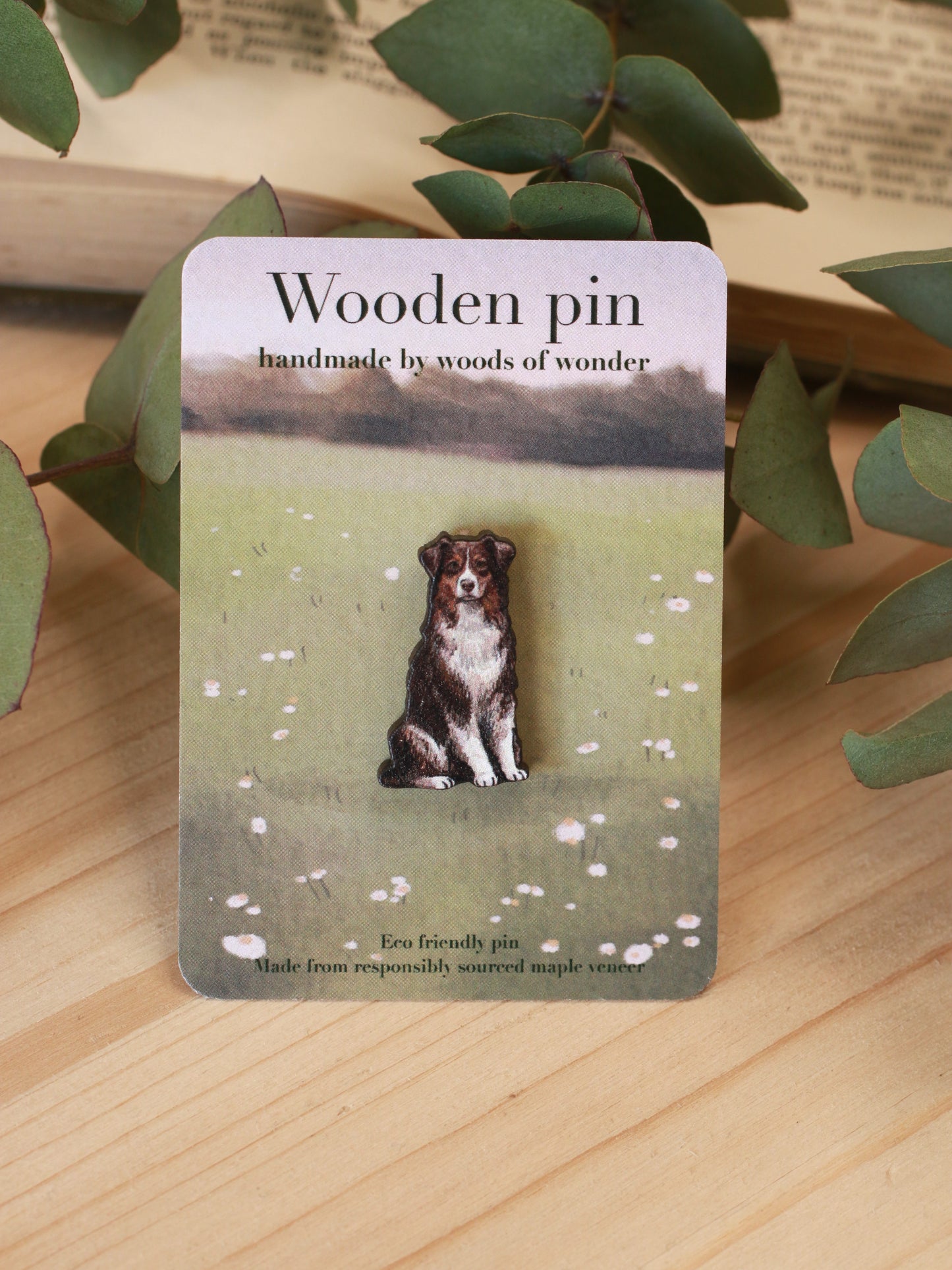 Australian shepherd pin - wooden dog brooch