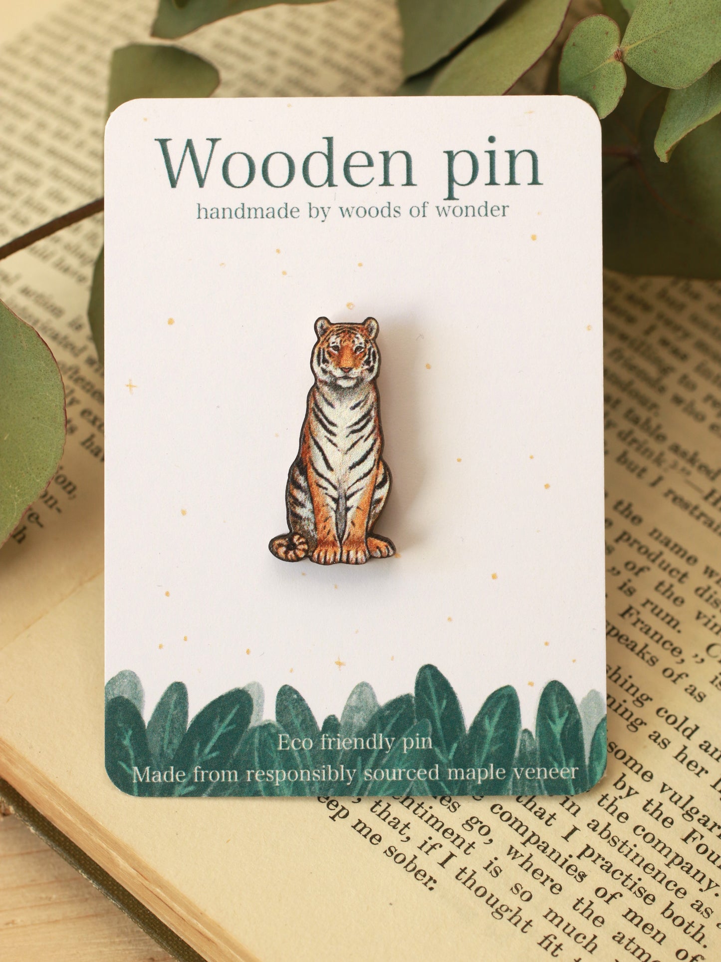 Tiger pin - wooden tiger brooch