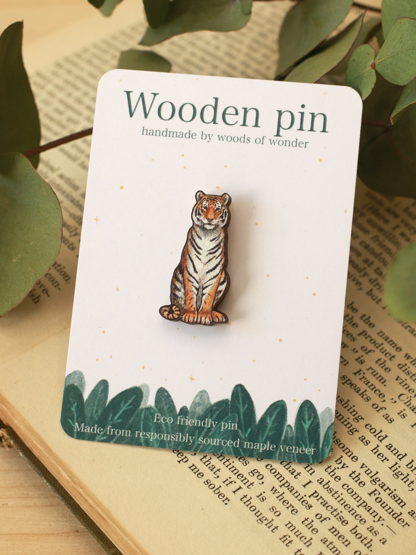 Tiger pin - wooden tiger brooch