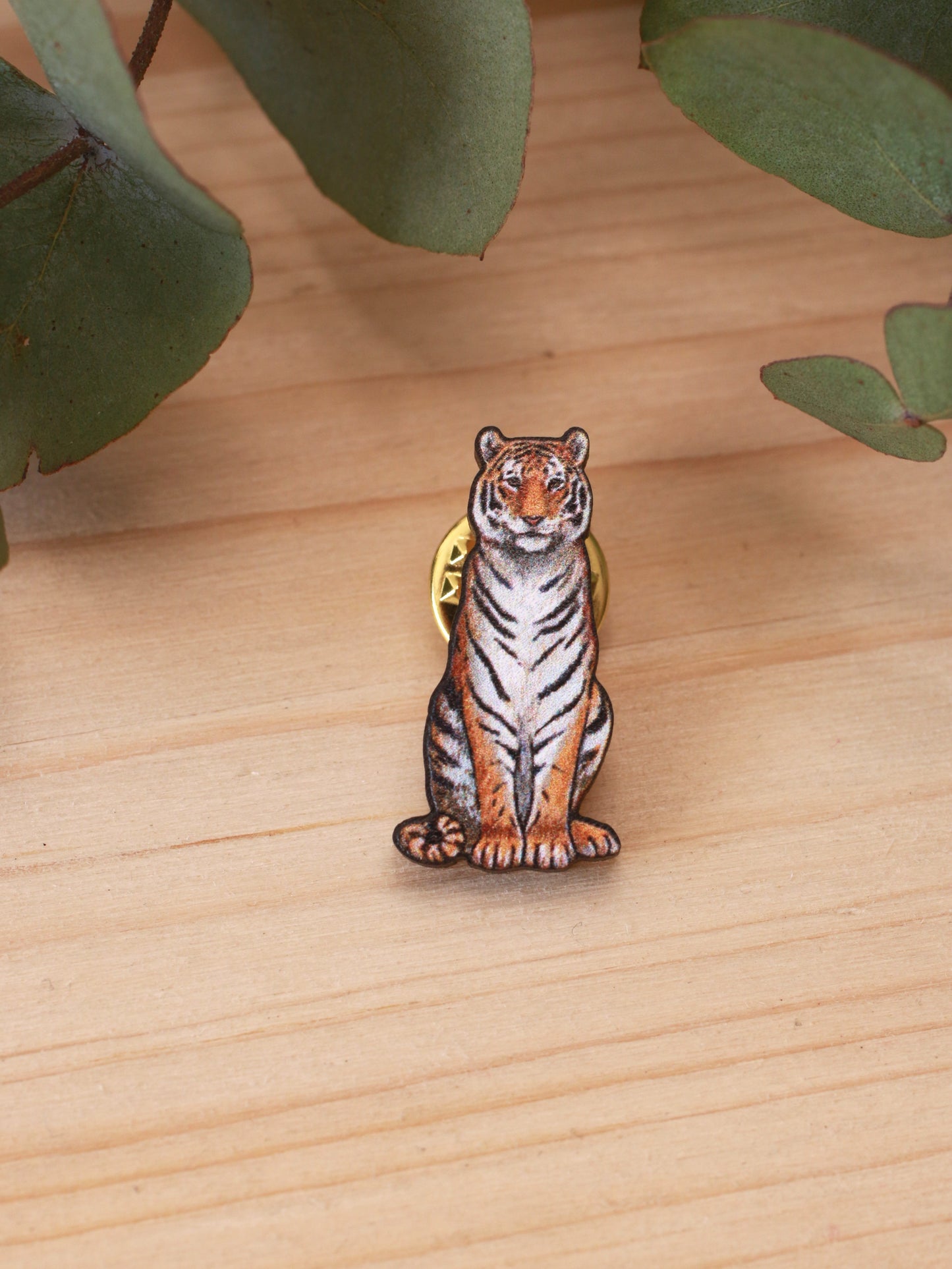 Tiger pin - wooden tiger brooch