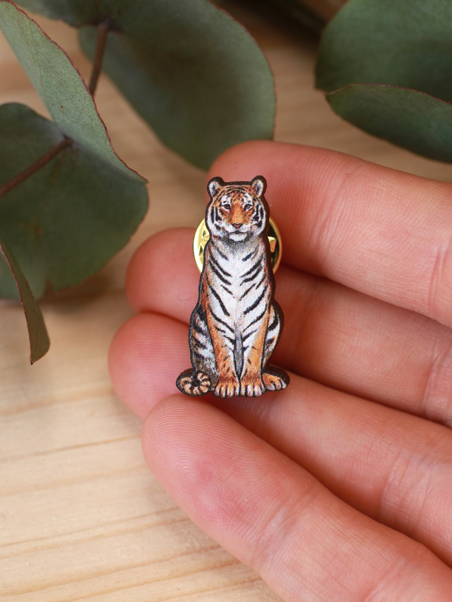 Tiger pin - wooden tiger brooch